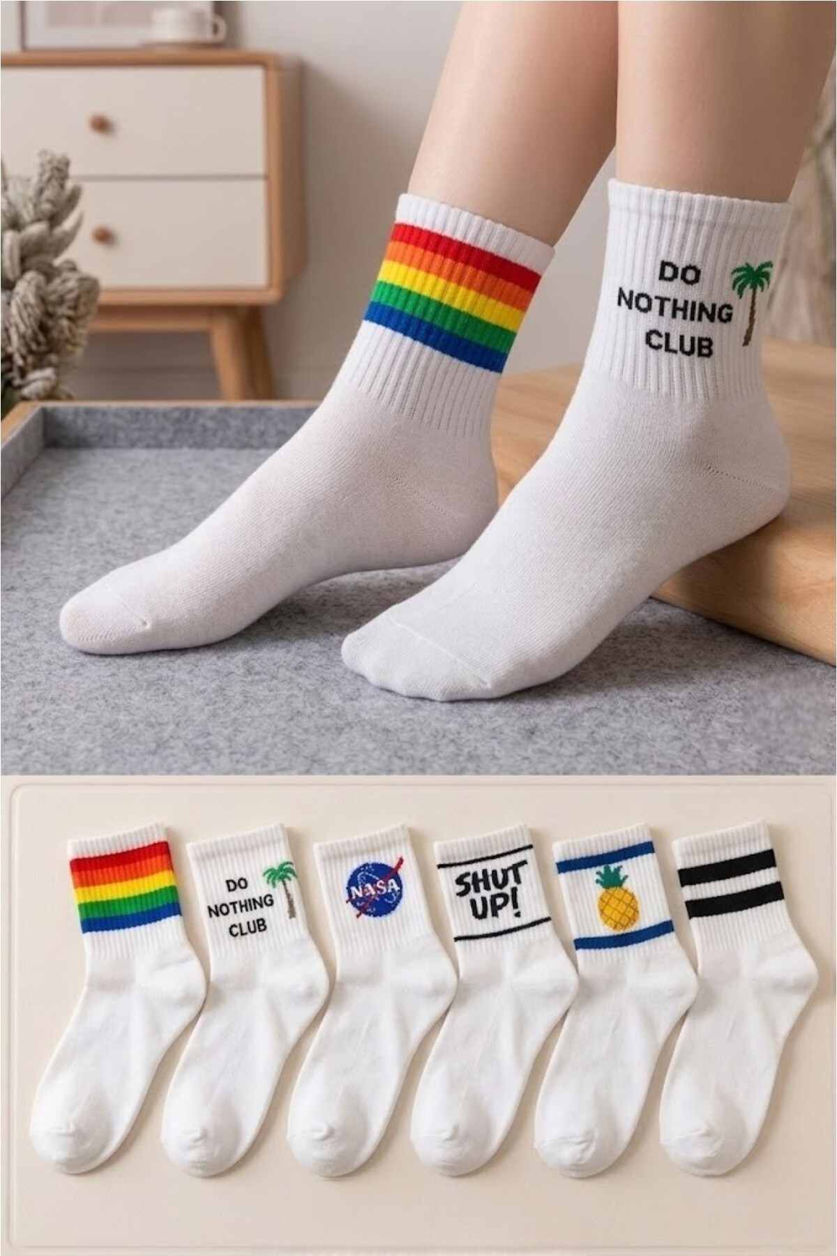 Socks Stores 6 Çift Unisex Pamuklu Renkli Kolej Çorap Seti, Erkek Kadın Soket Çorap