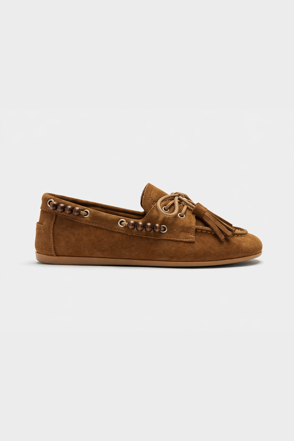 BonuStep Odessa Loafer Kadın Taba Hakiki Süet Deri Boncuk ve Püskül Detaylı Kaymaz Termotaban Loafer Ayakkabı görsel 3