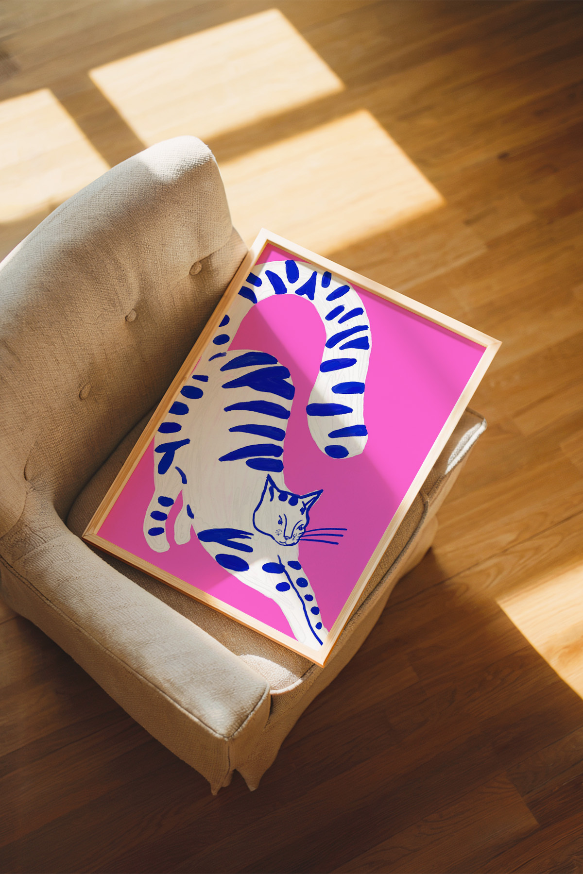 Kedi Tablo Poster Mavi Çizgili Modern Sanat Duvar Dekoru Çerçevesiz