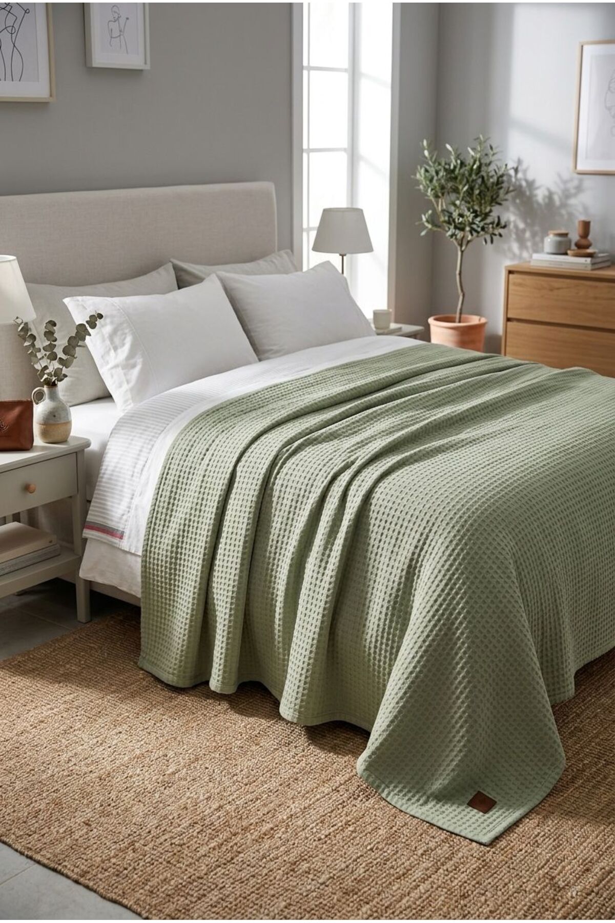 Green Luxury Knitted Pique Single & New Generation Stylish And Lightweight Design Knitted Bedspread - 165 x 215 cm.