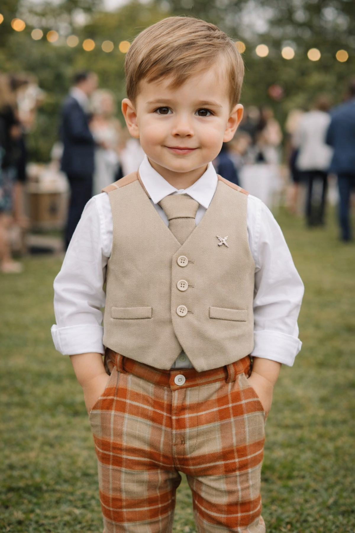 Babydola 0-3 Years Old Plaid Pattern Trousers Vest Shirt Tie 3-Piece Boy's Holiday Suit 15321