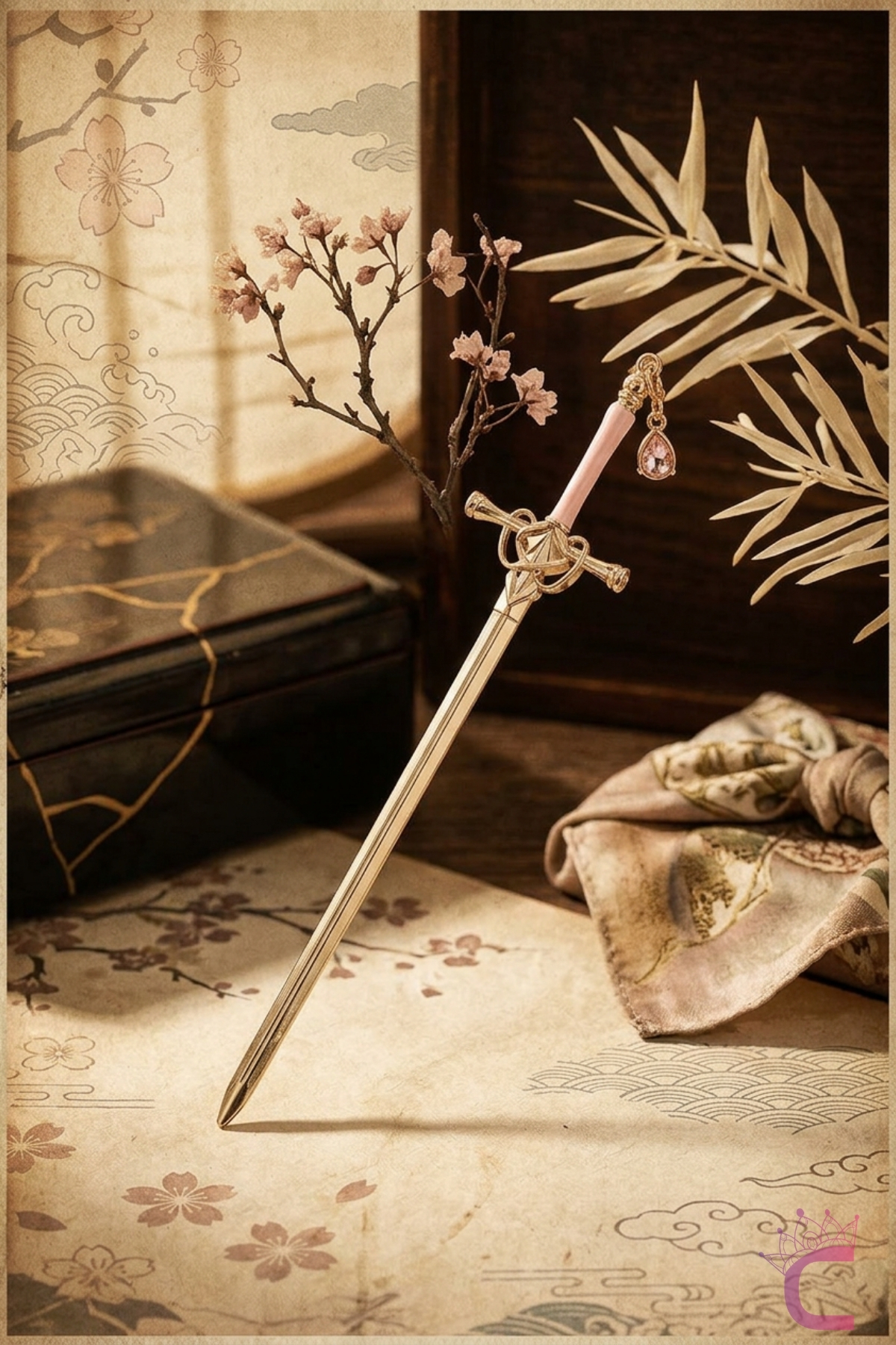 Pink Swinging Stone Sword Design Gold Metal Bun Hair Clip 20cm - Stylish Gothic Style Stick Clip