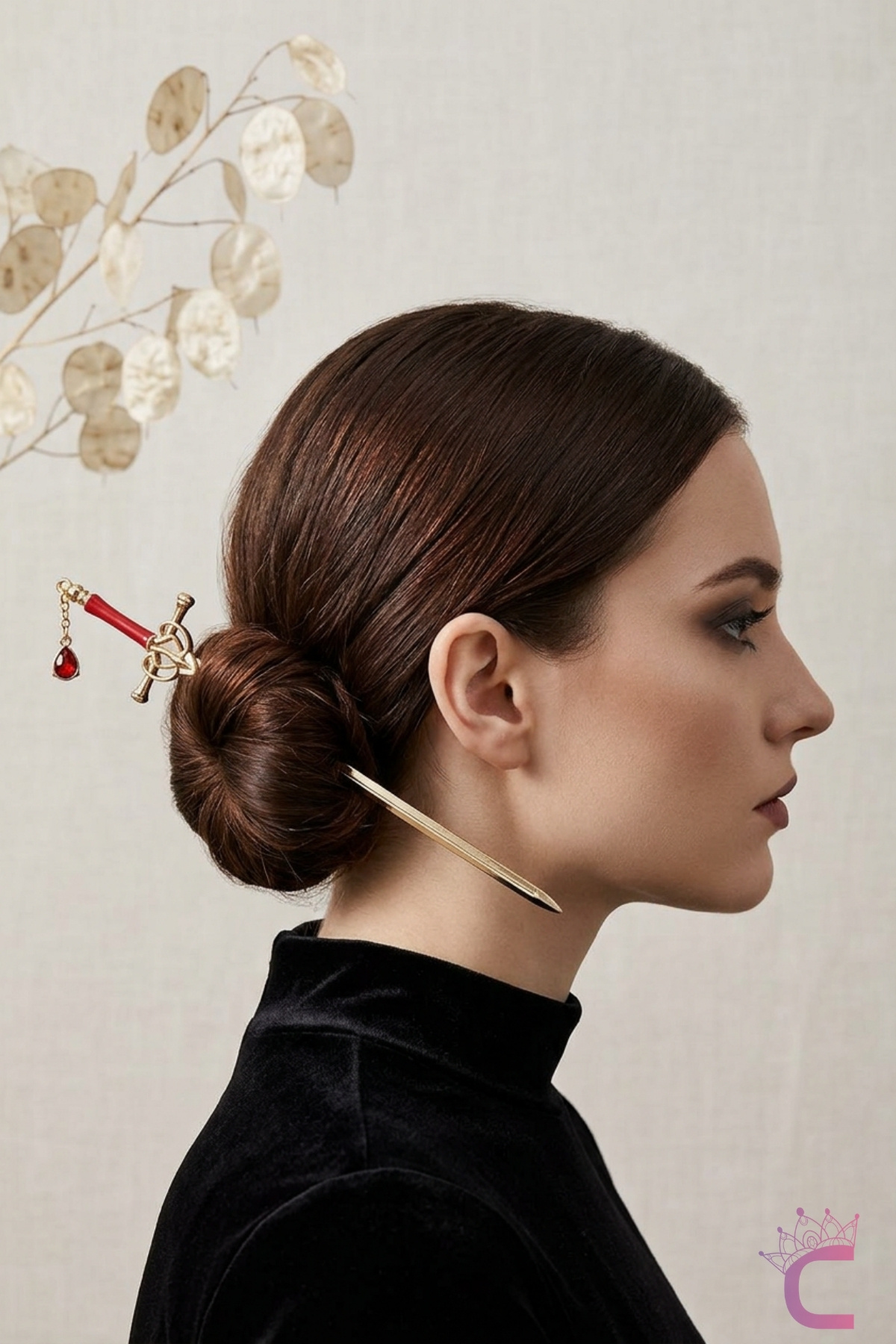 Sword Style Gothic Red Rocking Rhinestone Gold Metal Stick Bun Hairpin 20cm Gift Accessory