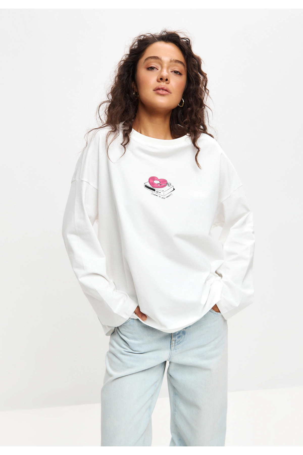 White Printed Hijab Suitable Long Sleeve Cotton T-Shirt