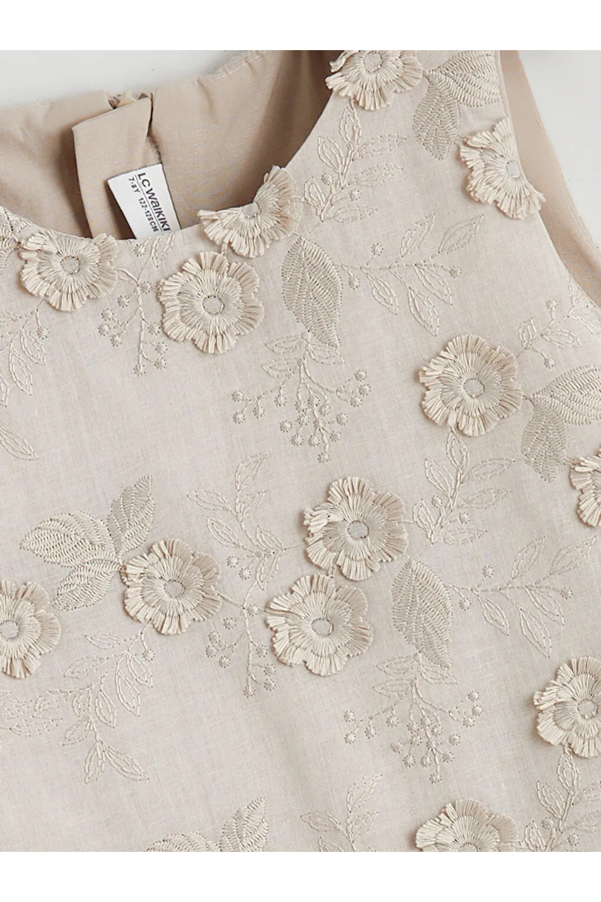 LC Waikiki Beige Crew Neck Floral Embroidered Girl's Dress