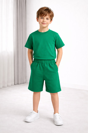 cc collection Erkek/Kız Çocuk Yeşil Şortlu Takım Basic Tshirt Spor Yazlık 3-1...