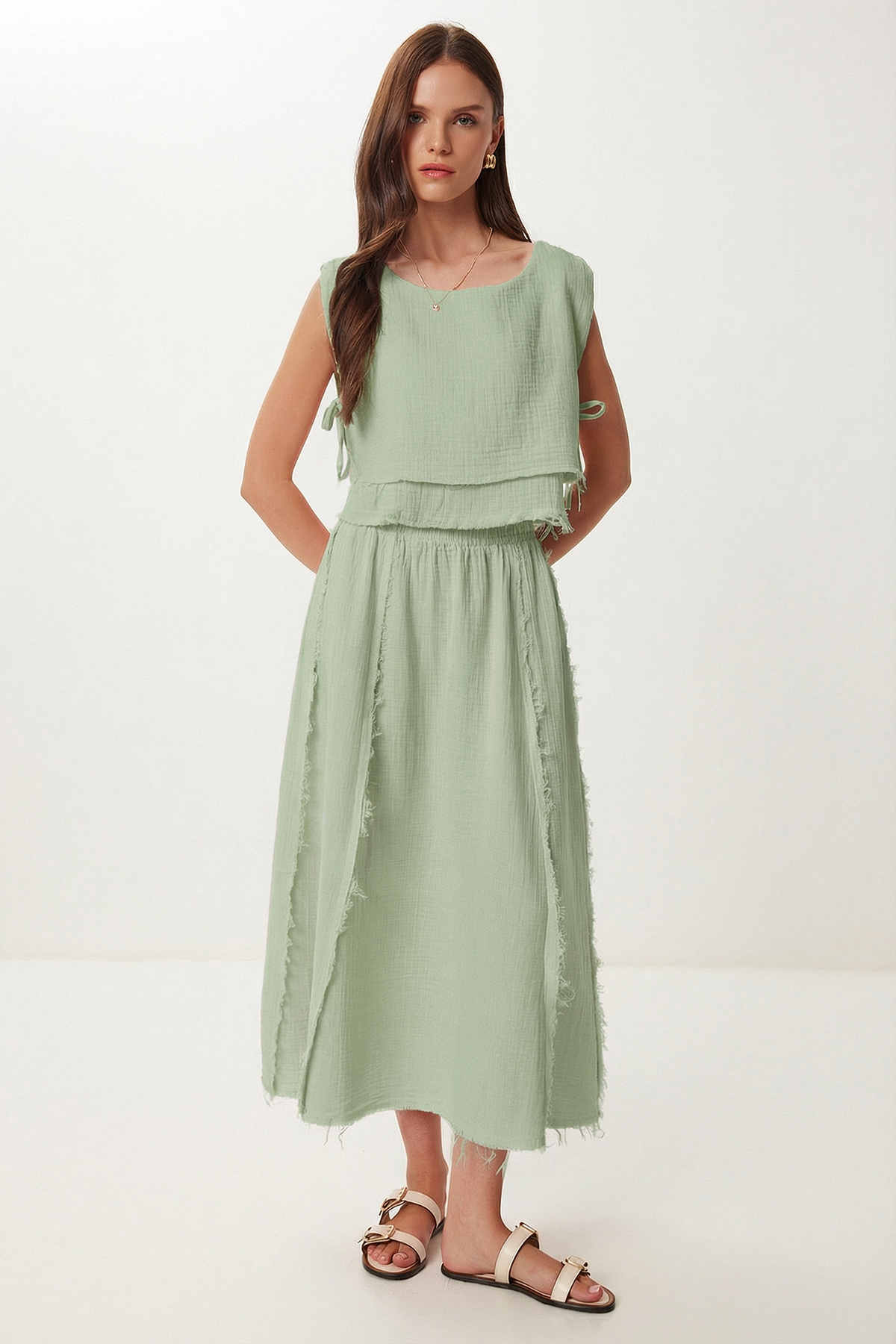 Muslin Blouse Skirt Set LGP0013 water GREEN