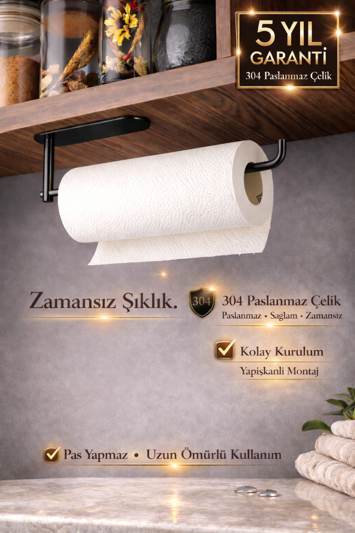 Premium Black 304 Stainless Steel Paper Towel Hanger, Adhesive Roll Towel Rack, Kitchen Cabinet Bottom Towel Rack