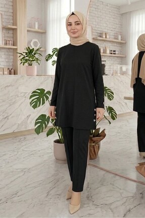 evavi Kadın Siyah Modal Kumaş Tunik ve Pantolon Takımı