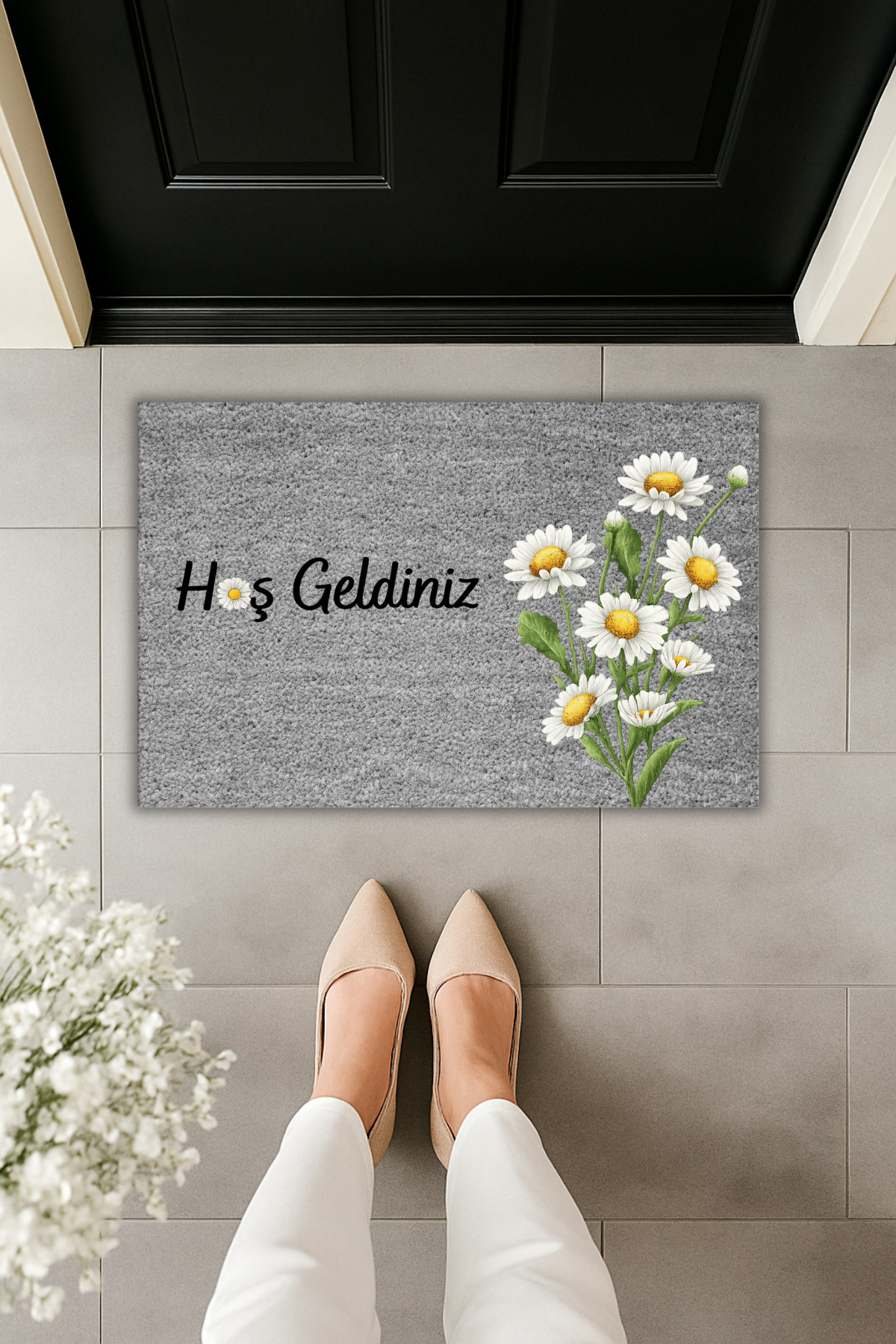 Decorative Modern Digital Printing Grey Papatya Flower Pattern Door Mat