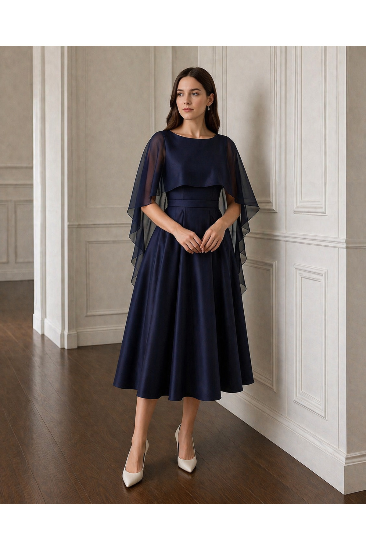 NUR Navy Blue Scuba /Crepe Chiffon Cloaked Midi Size Wedding Wedding Evening Dress