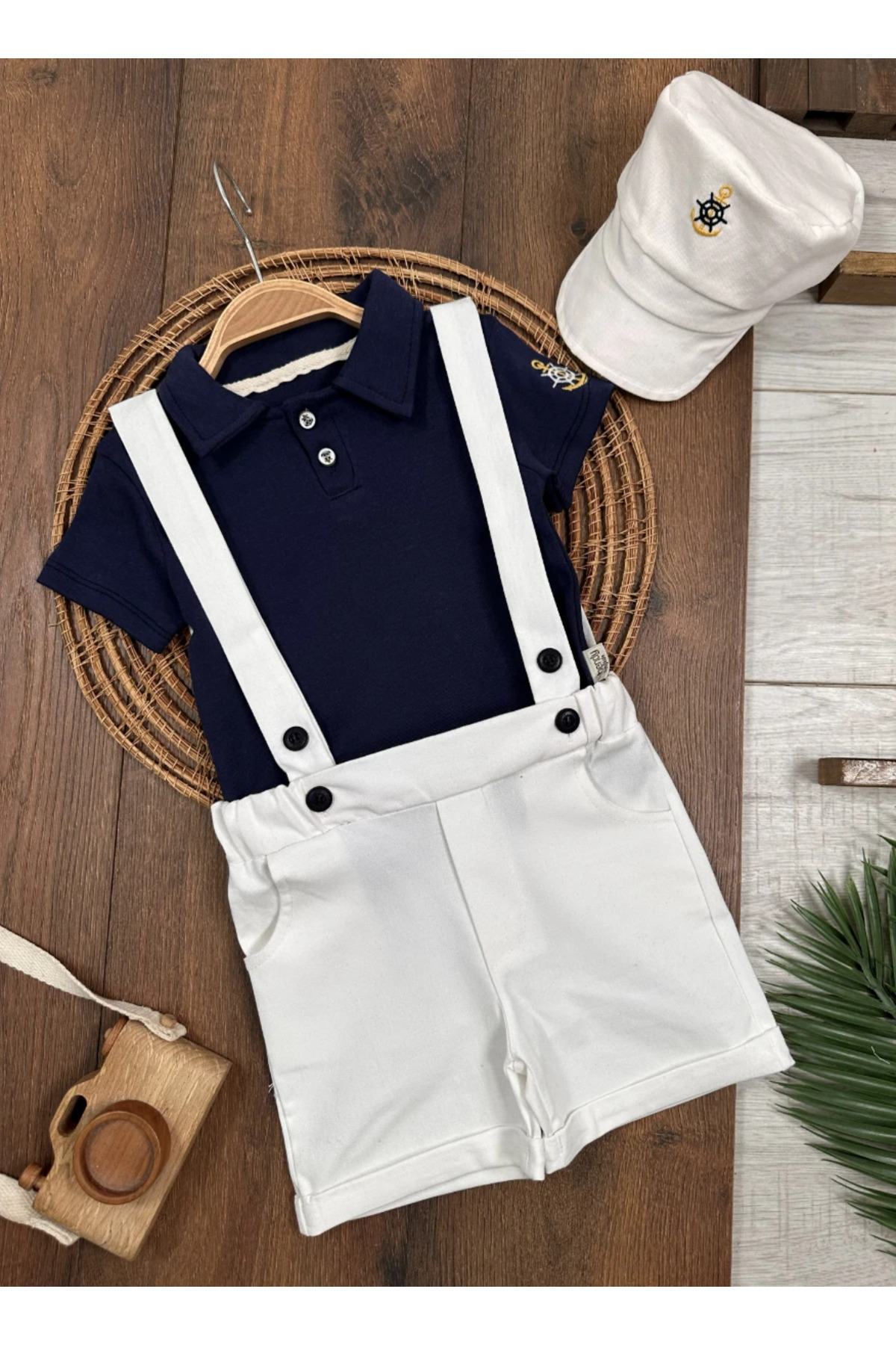 Bolly Baby Sailor Polo Collar Hat Anchor Embroidered Linen Lycra Salopet Summer Baby Boy-Child Set