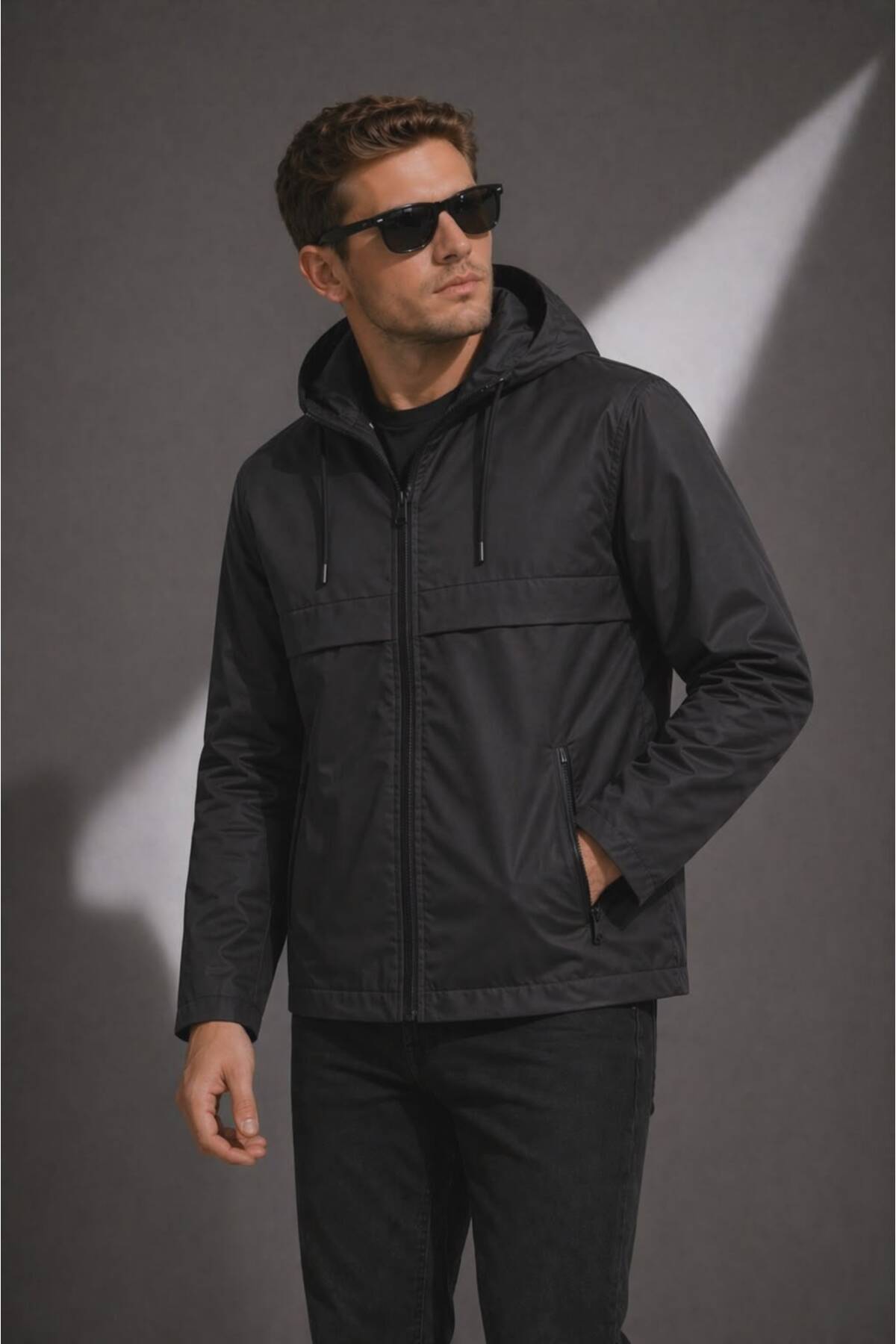 Sınwear Erkek Siyah Kapüşonlu Su Geçirmez Hafif Mont, Günlük & Spor Şık Rüzgarlık görsel 6