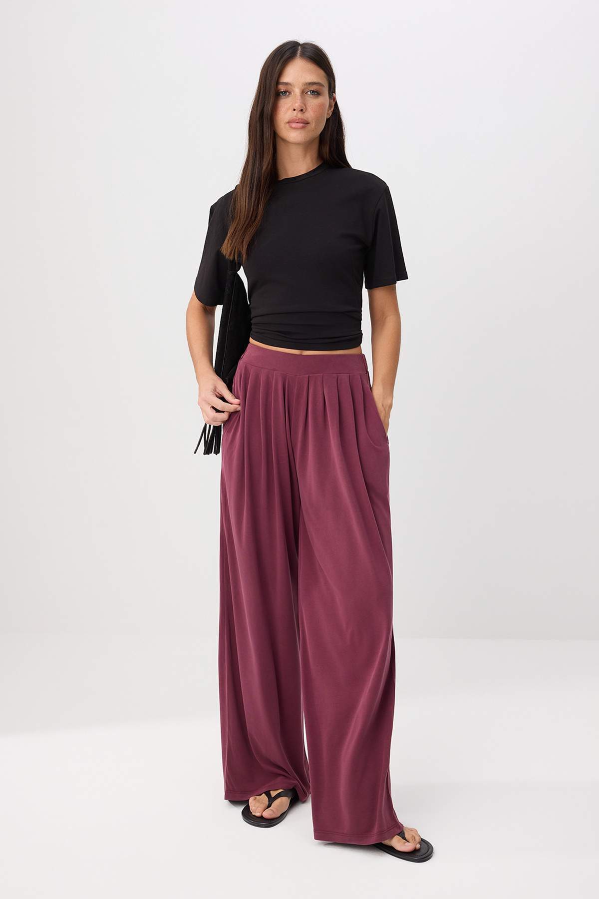Trendyolmilla Mürdüm Wide Leg/Geniş Paça Normal Bel Modal Örme