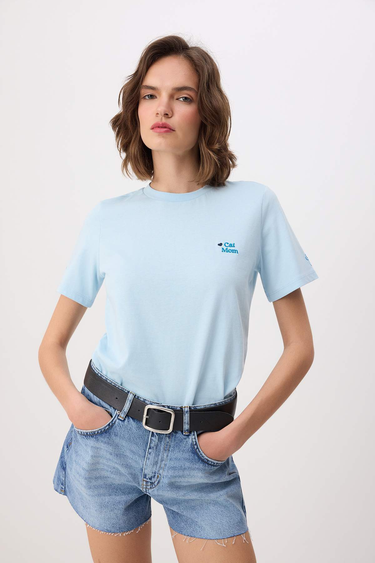 Trendyolmilla Açık/Bebe Mavi Nakışlı Regular/Normal Kalıp Tok %100 Pamuk Örme T-Shirt TWOSS26TS00144