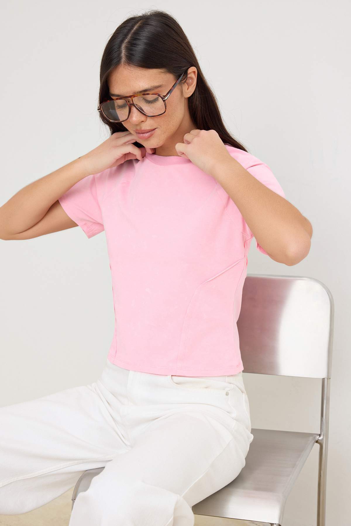 Trendyolmilla Açık Pembe Düz Fitted Yıkamalı Reglan Kol Kısa Pamuklu Esnek Örme T-Shirt TWOSS26TS00246