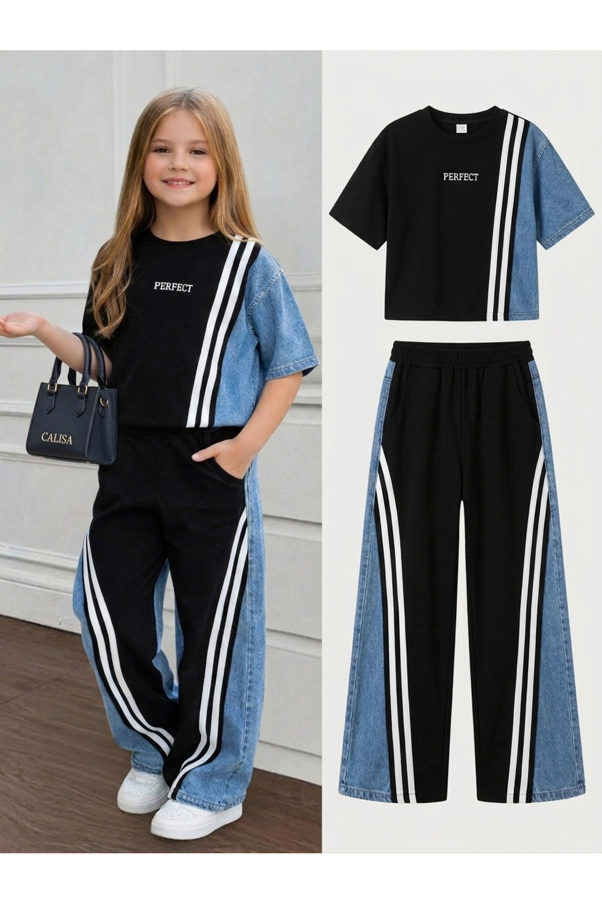 Premium Girls' Black Denim Stripe Set | Summer Casual Cut Casual Stylish 2-Piece Bottom Top Set