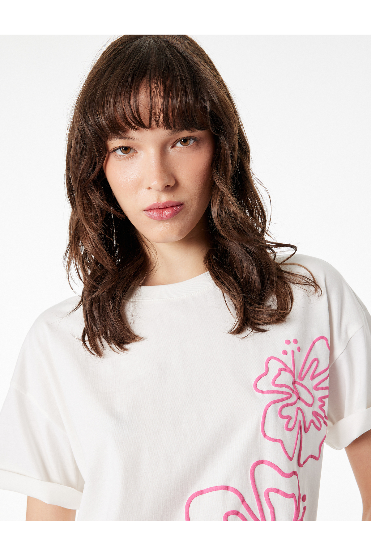 Koton Floral Printed Crew Neck Comfortable Fit Short Sleeve Cotton T-Shirt