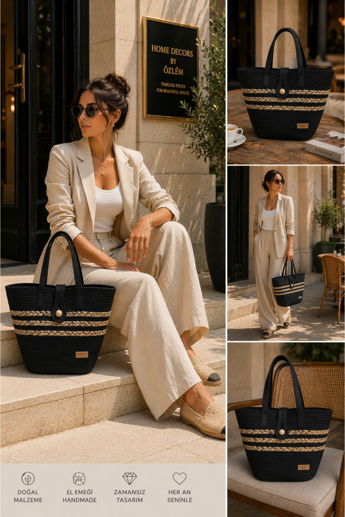 Black Mesh Wicker Shoulder Bag Beach Bag Casual Bag Wicker Bag Handmade - 40~42x30cm