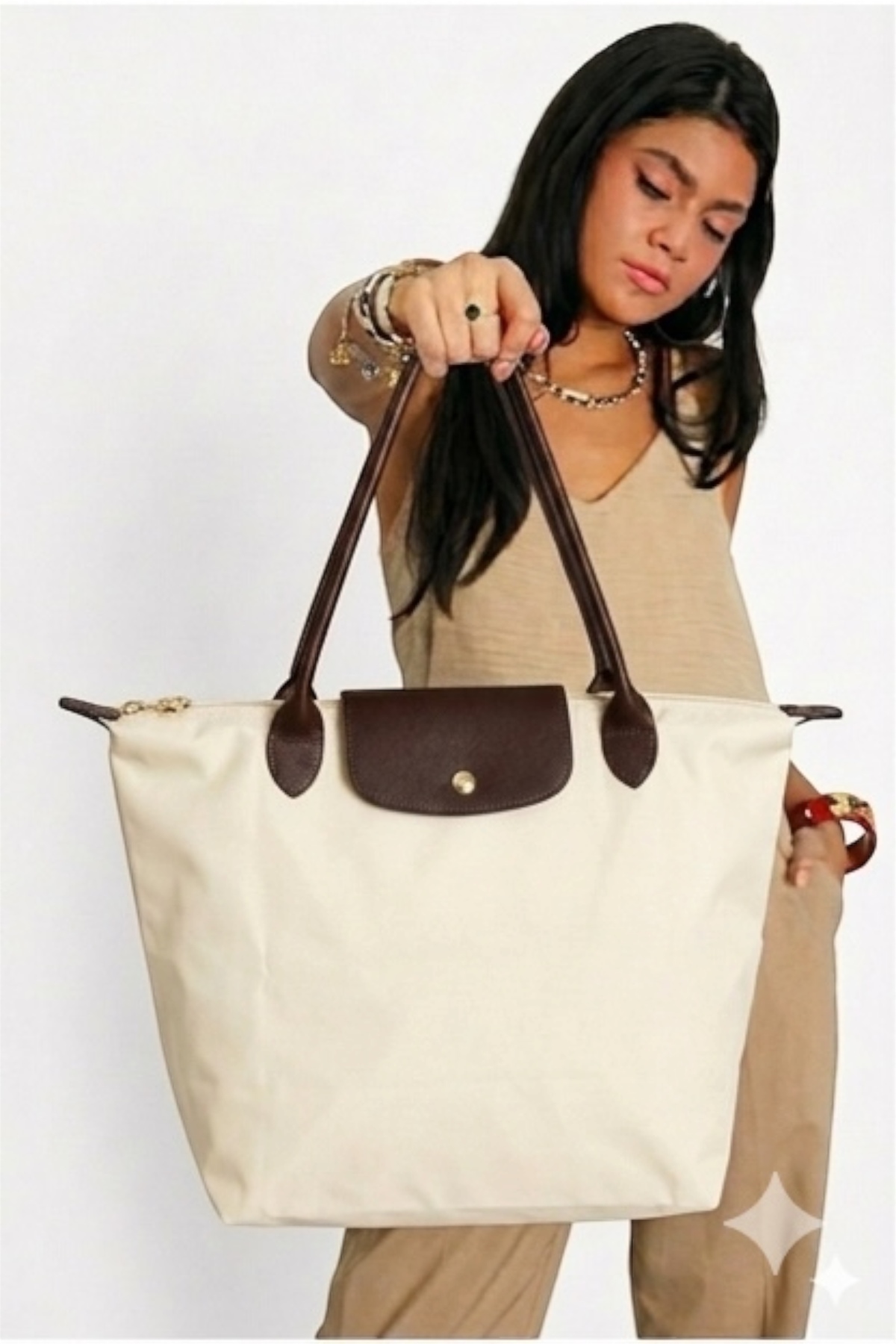 Folding Zipper Large Size Women's Hand and Shoulder Bag Cream 💐