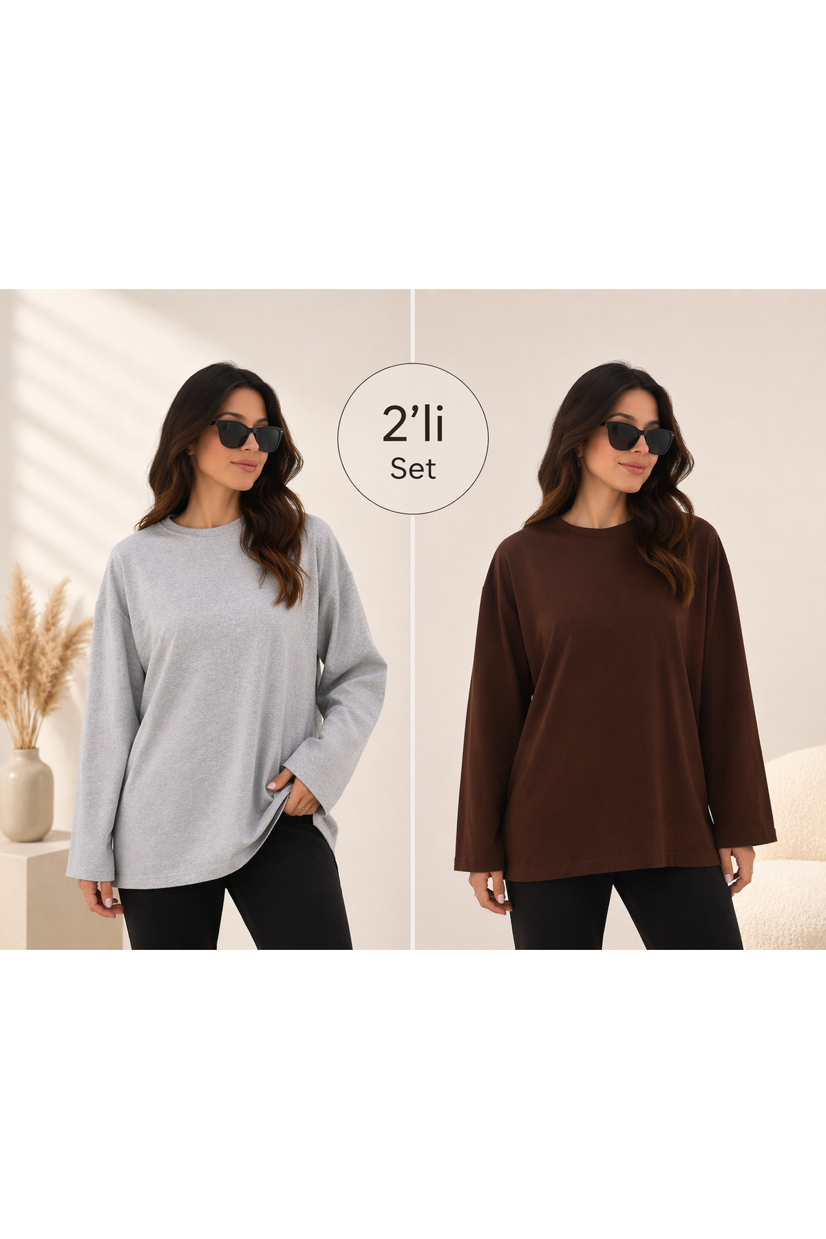 ELİSSE  Kadın 2’li Set Oversize Basic Uzun Kollu Tişört Gri Kahve Salaş Rahat Kalıp