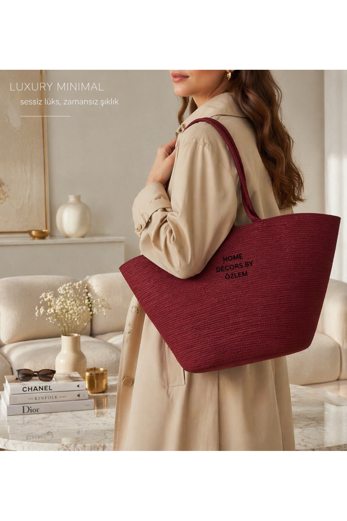 Burgundy Shoulder Bag Beach Bag Casual Bag Straw Bag Handmade - 40~42x30cm