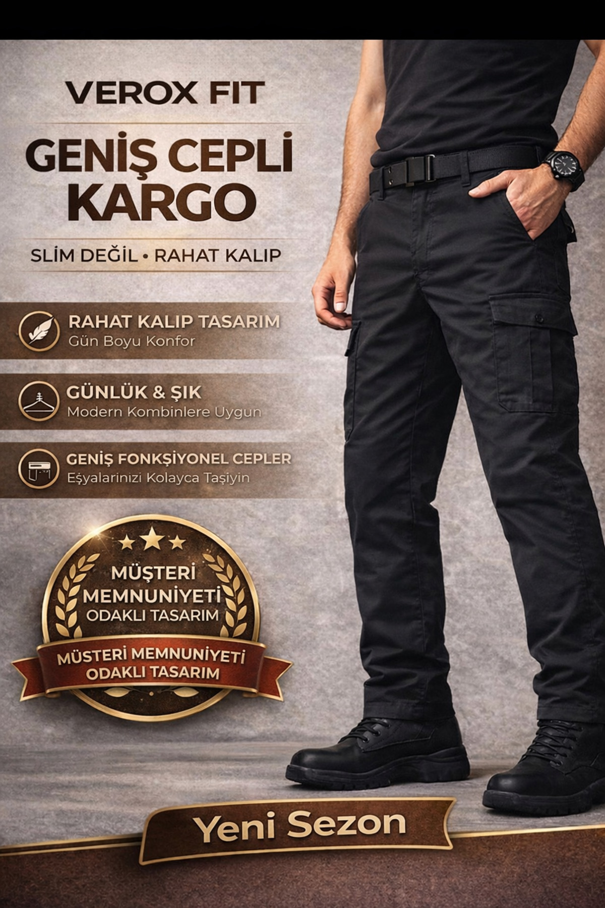NO BRAND Verox Fit Erkek Kargo Cepli Rahat Kesim Pantolon — مشکی VXF-KRG-01