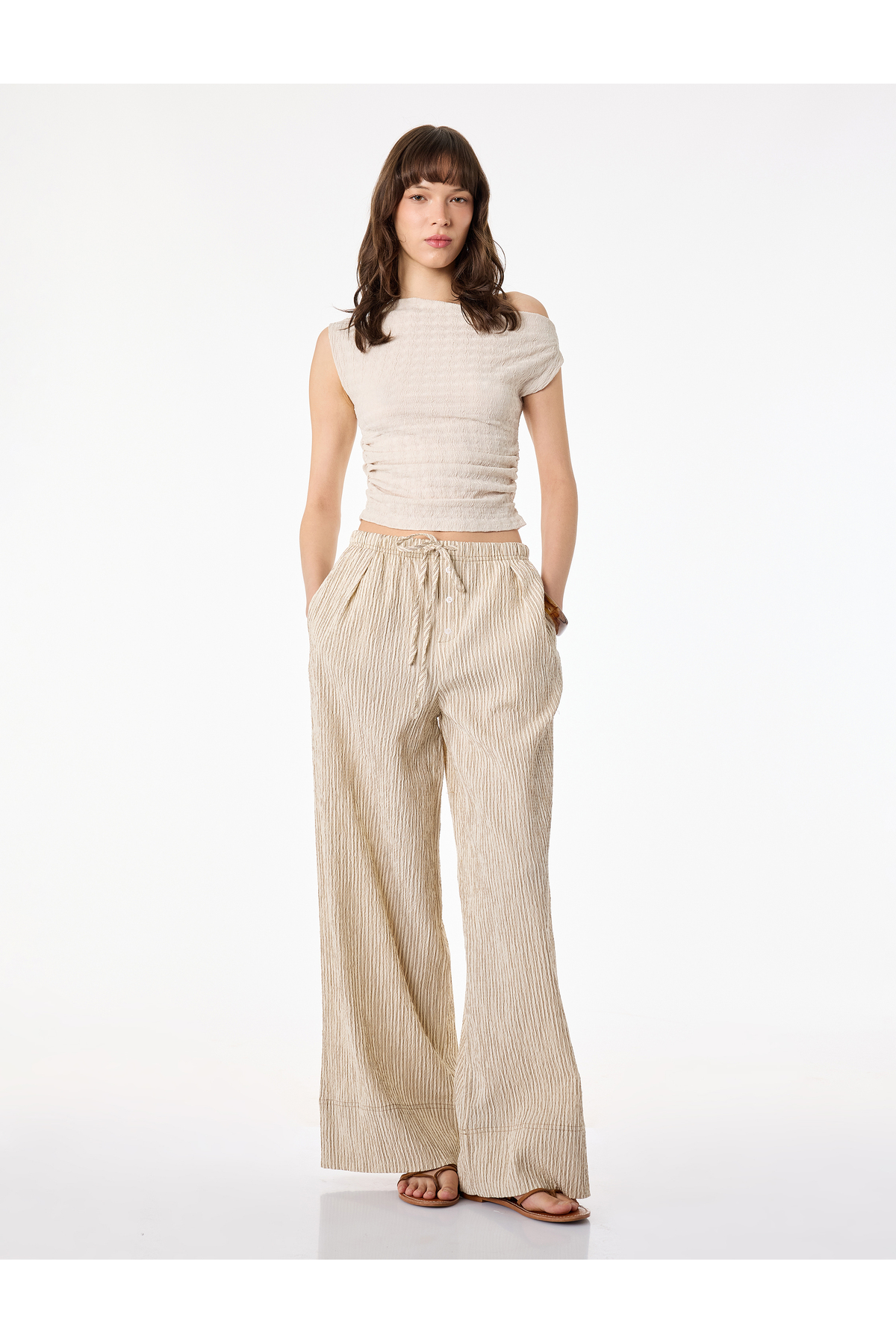 Koton Viscose Blended Wide Leg Trousers with Lace-Up Waist