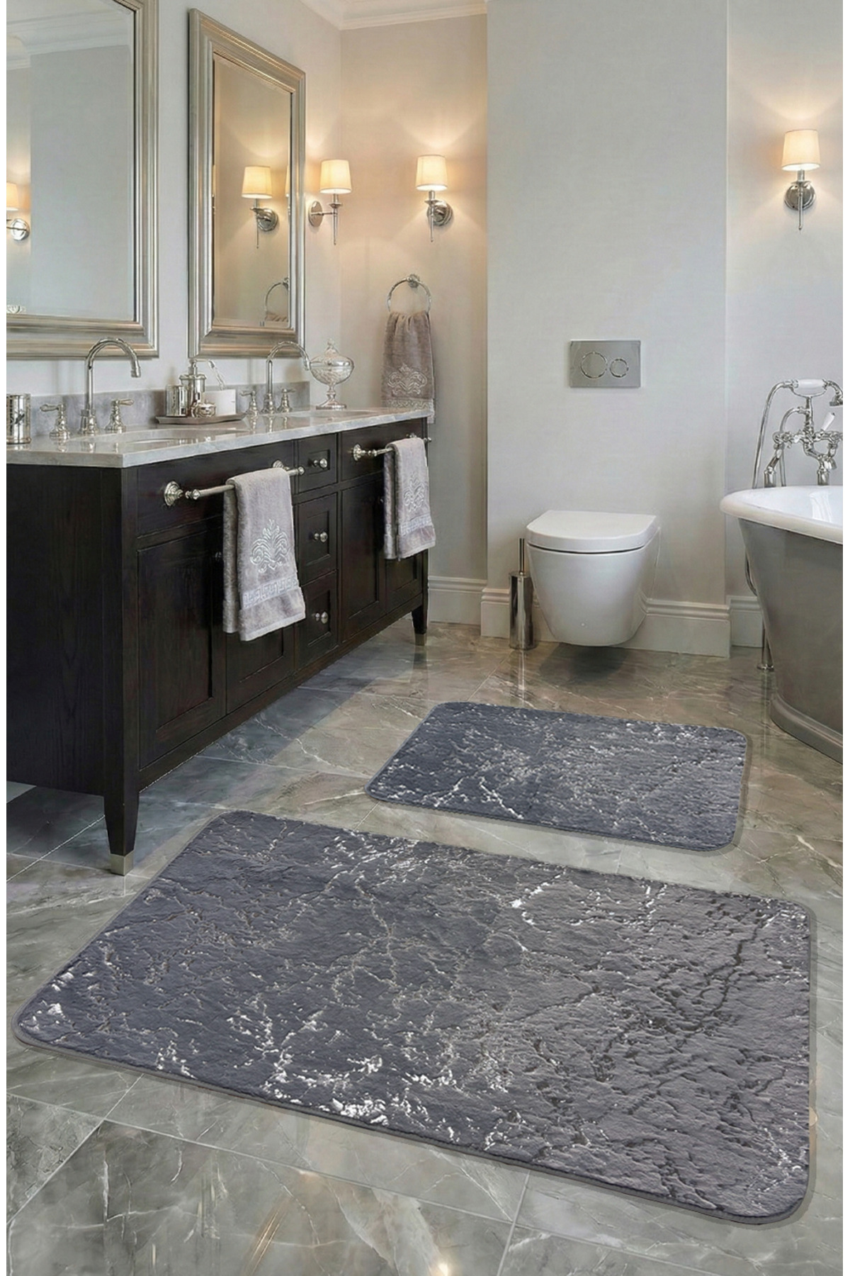 Suadiye Rabbit Feather, Anti-Slip Base,Absorbent 2-Piece Premium Silvery Bath Mat Set Gray