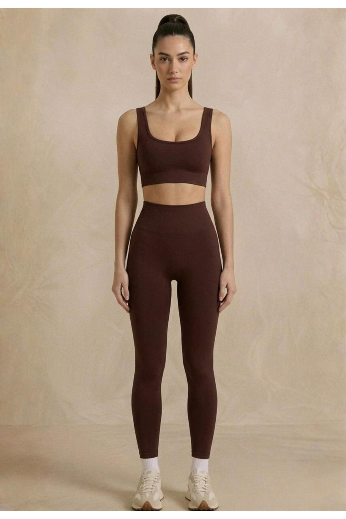 Formactive Acı Kahverengi U Yaka Büstiyer Push Up Dikişsiz Tayt Takım