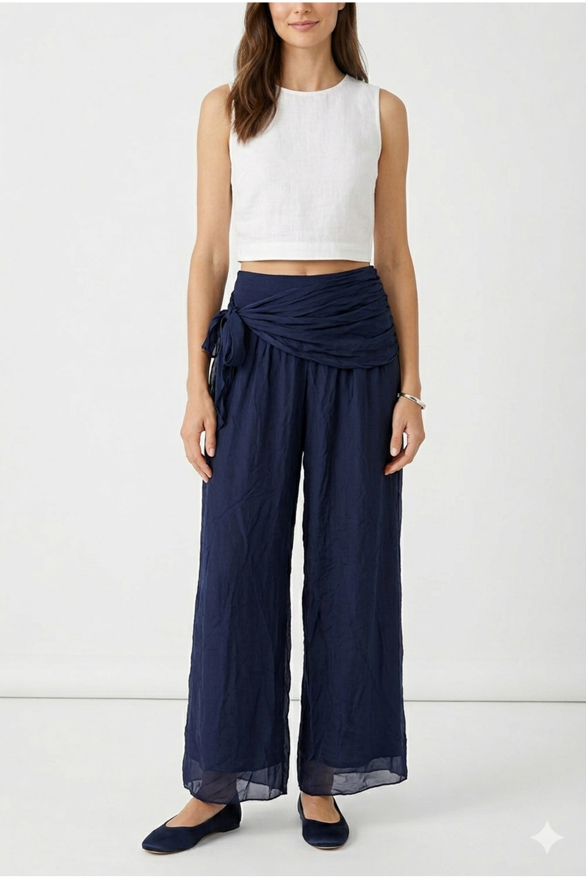 Women's Navy Blue Italian Elastic Waist Silk Belt Wide Leg Lined Silk Pants Size 36 - 42