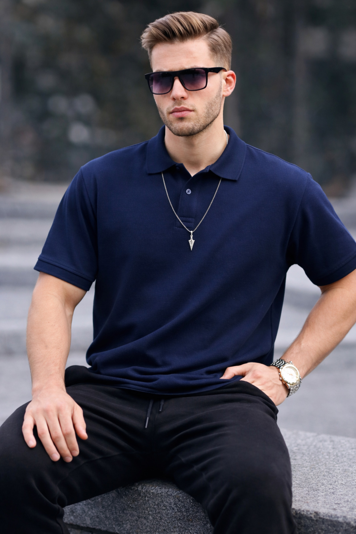 COMBİNE MİCHAİL Erkek Basic Relax Lacivert Polo Yaka Tişört görsel 4
