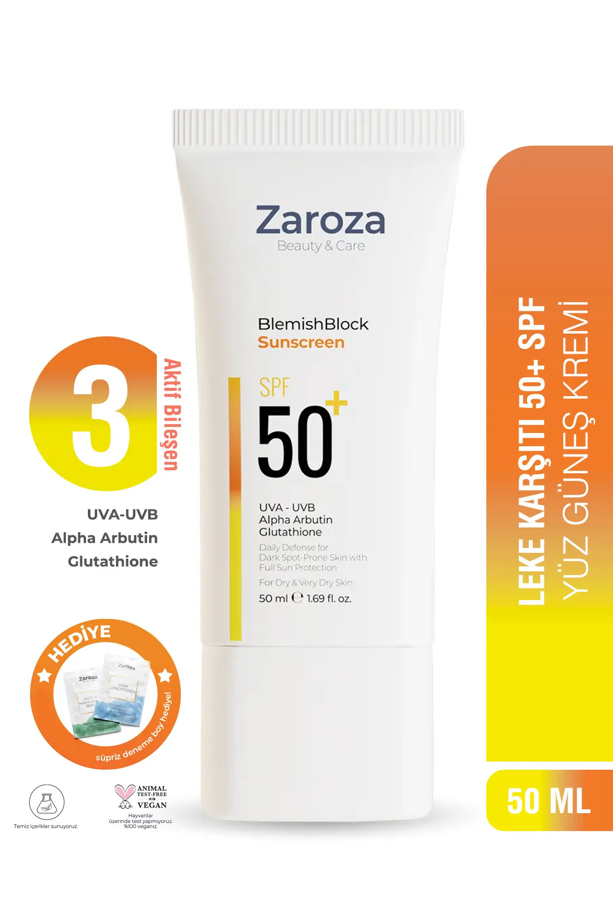 ZAROZA Leke Karşıtı ve Cilt Tonu Eşitleyici Yüz İçin Güneş Kremi - Arbutin + Glulatyon UVA UVB SPF50+