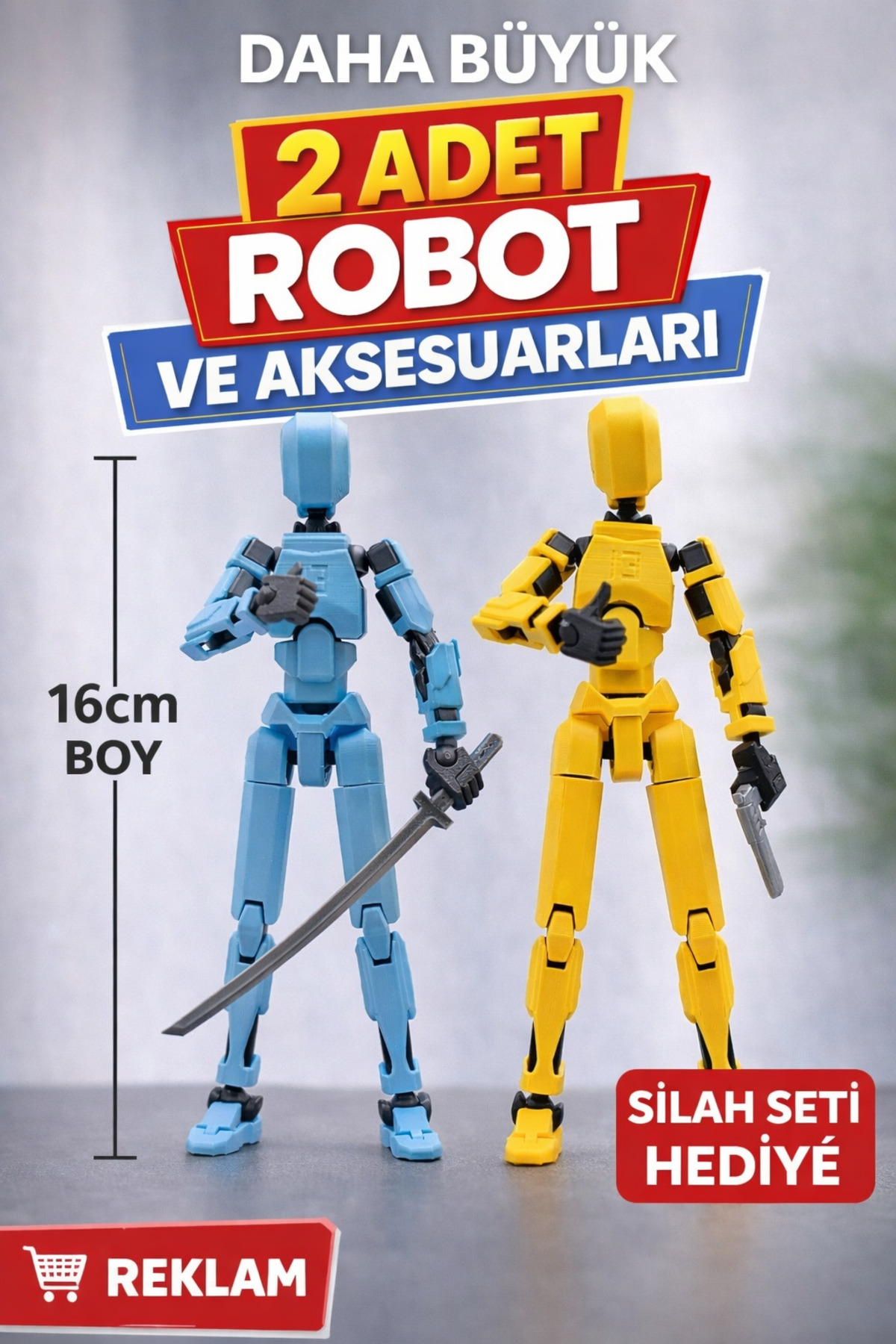 チュウカタベタイ　humanrobot ３体セット 3D Büyük Boy(16 cm) 2 Adet Eklemli Hareketli Robot ve Aksesuarları