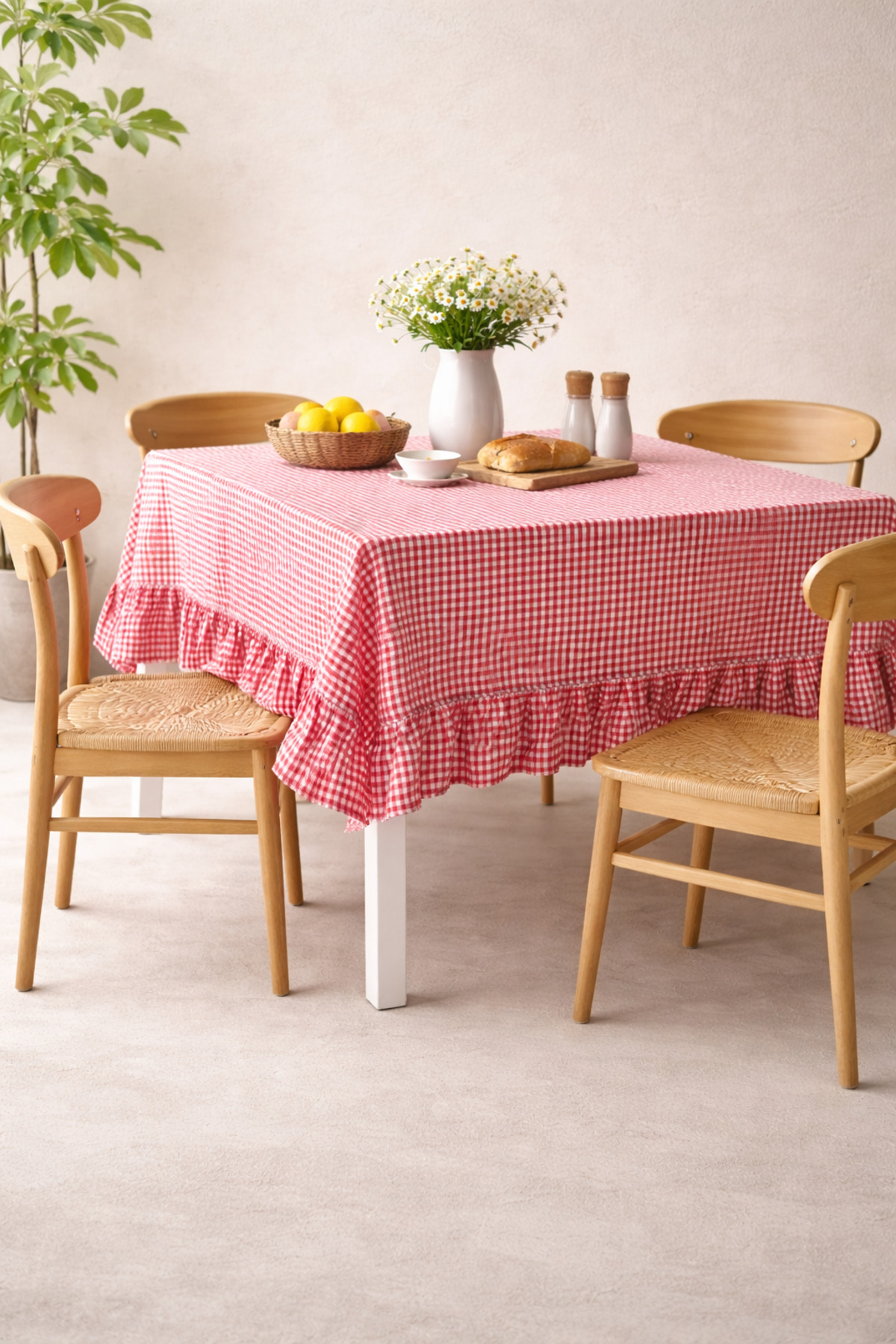 Organic Red Checkered Ruffle Tablecloth / Picnic Cover 160x220