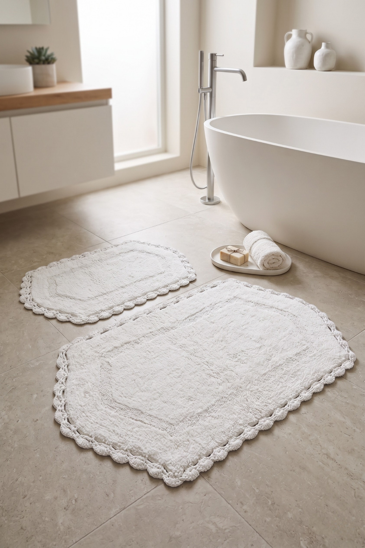 Pia 100% Cotton, Hand-Woven 2-Piece Bath Mat Set Ecru 40x60 + 60x90
