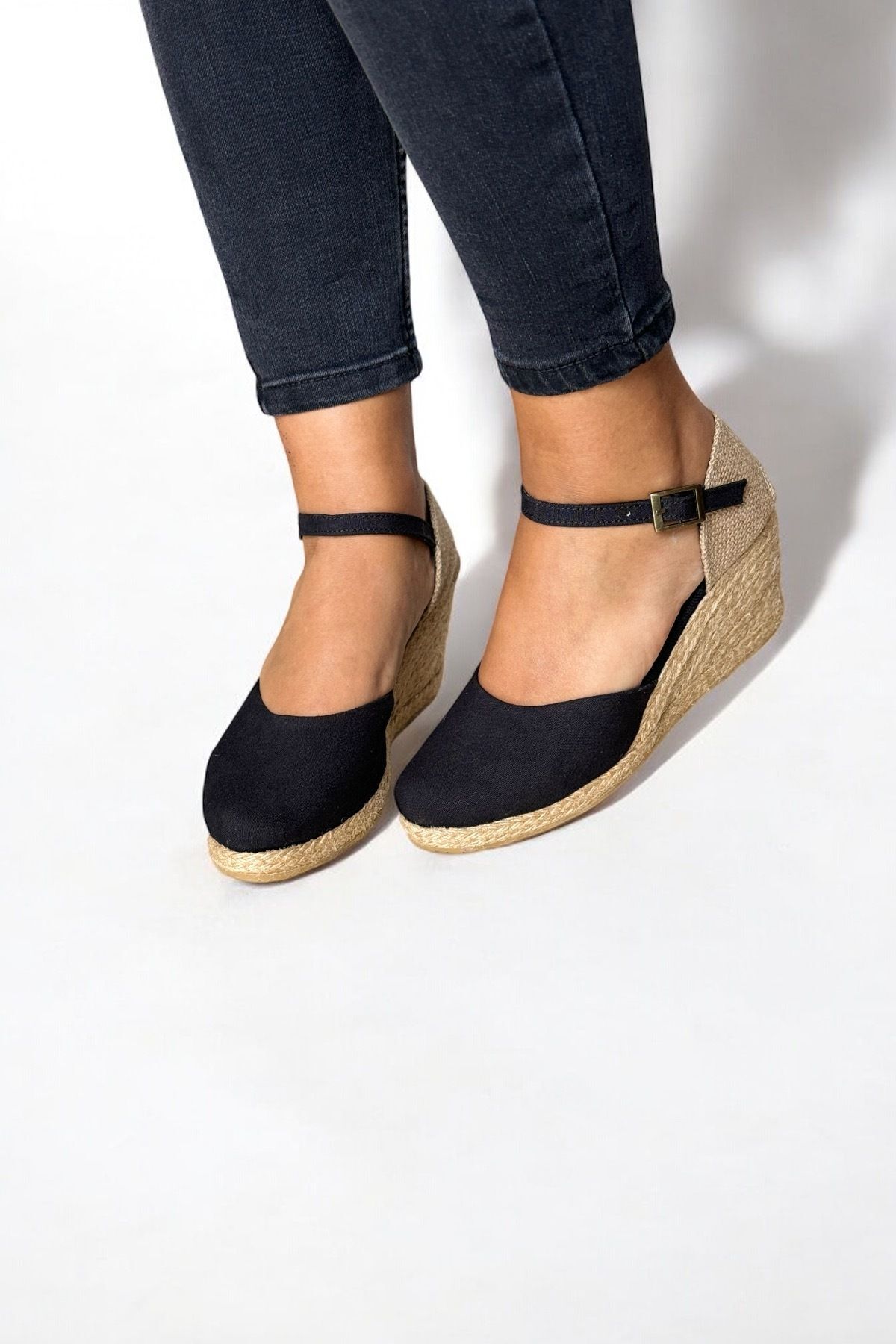Y&D Shoes %100 El Yapımı Doğal Keten Kadın Espadril - Dolgu Topuk Arkası Açık Hasırlı Keten Sandalet görsel 6