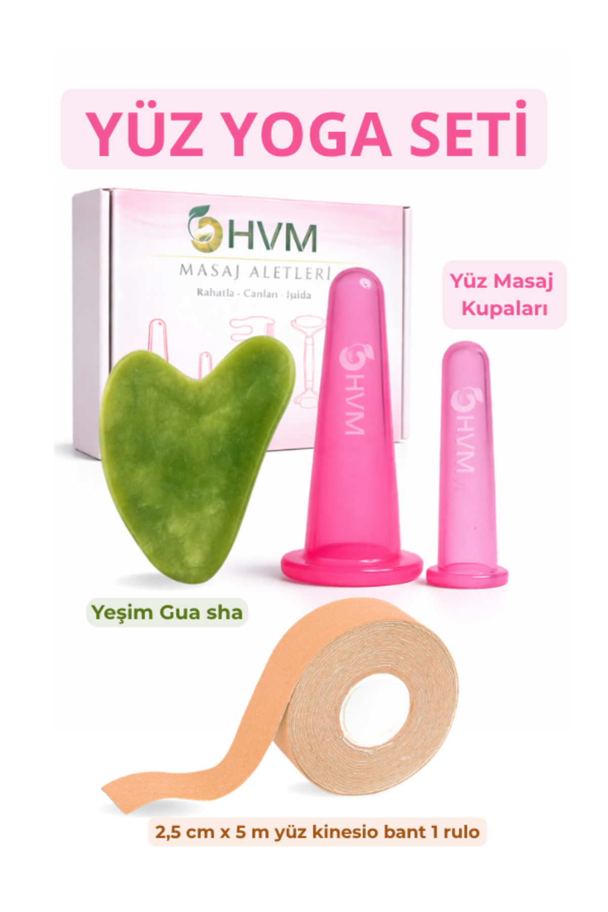 Yüz Yoga Seti 4 Parça, Silikon Masaj Kupası, Kinesiology Face Tape ve Yeşim Gua Sha — صورتی y5s