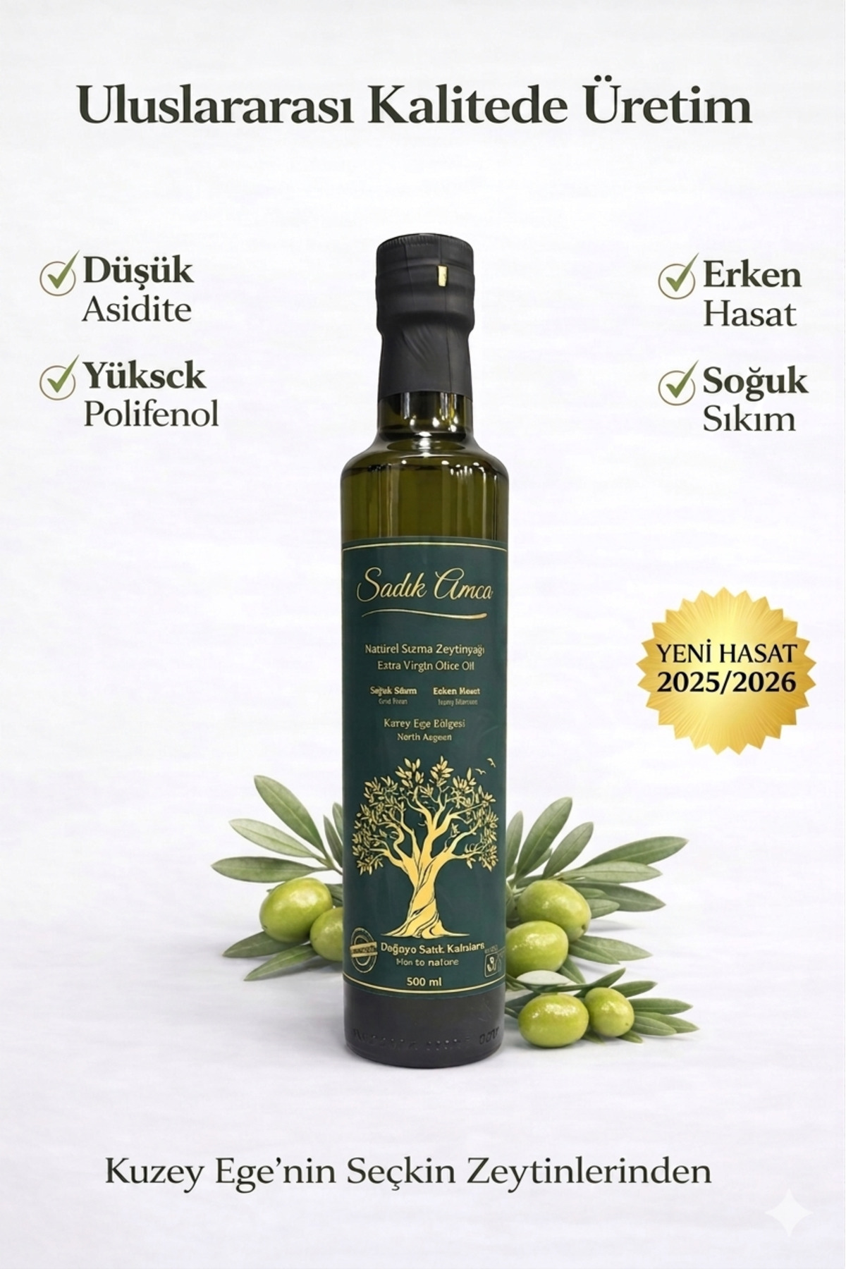 Sadık Amca Erken Hasat Soğuk Sıkım Natürel Sızma Zeytinyağı 500 ml