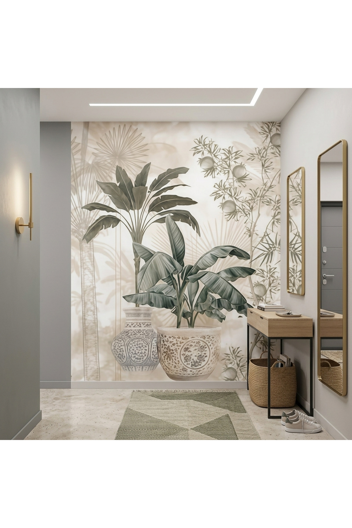 Tropical Plant & Vase Pattern Beige Wallpaper