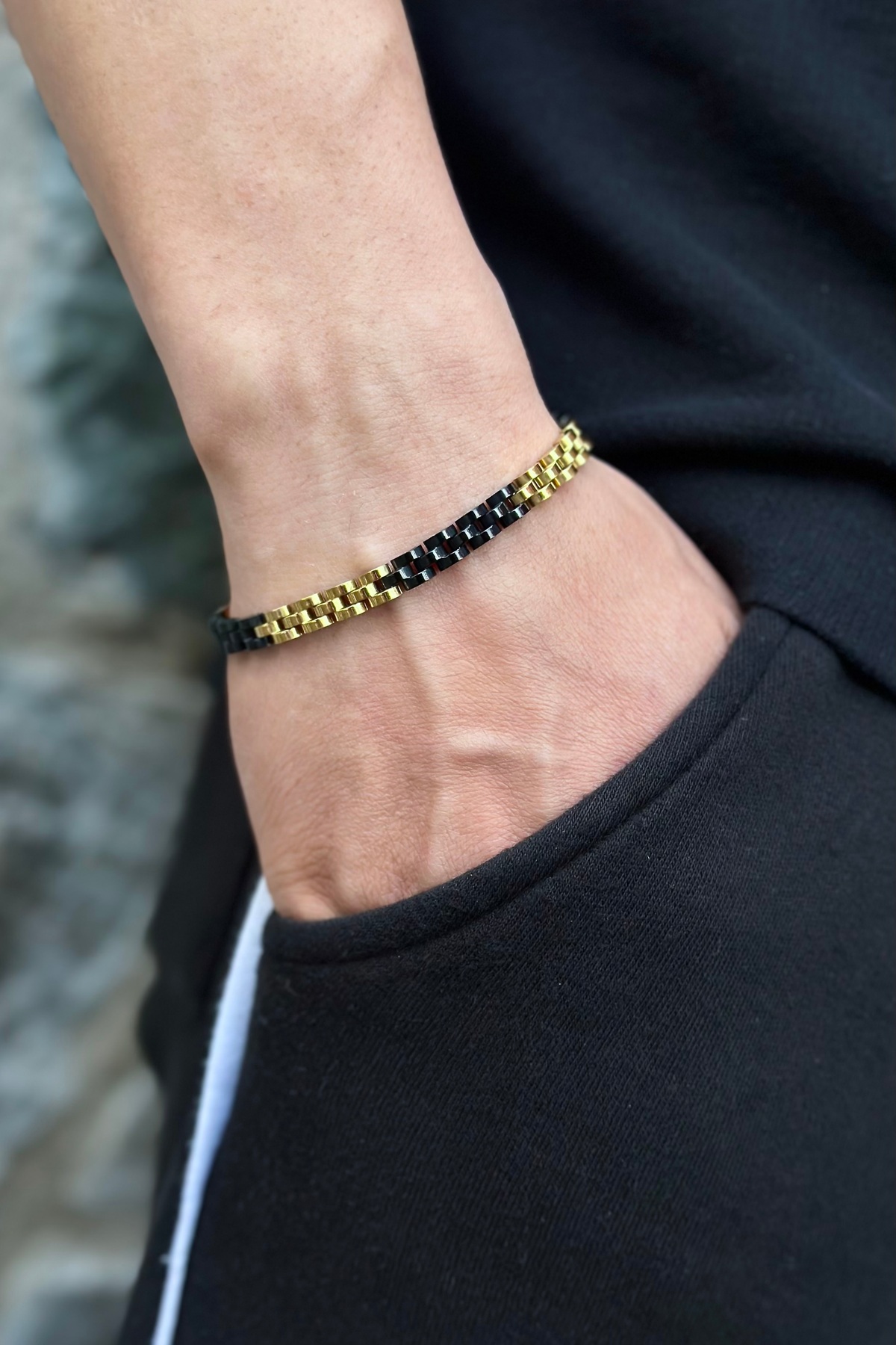 Men's Block Chain Steel Bracelet /Gold-Black Color