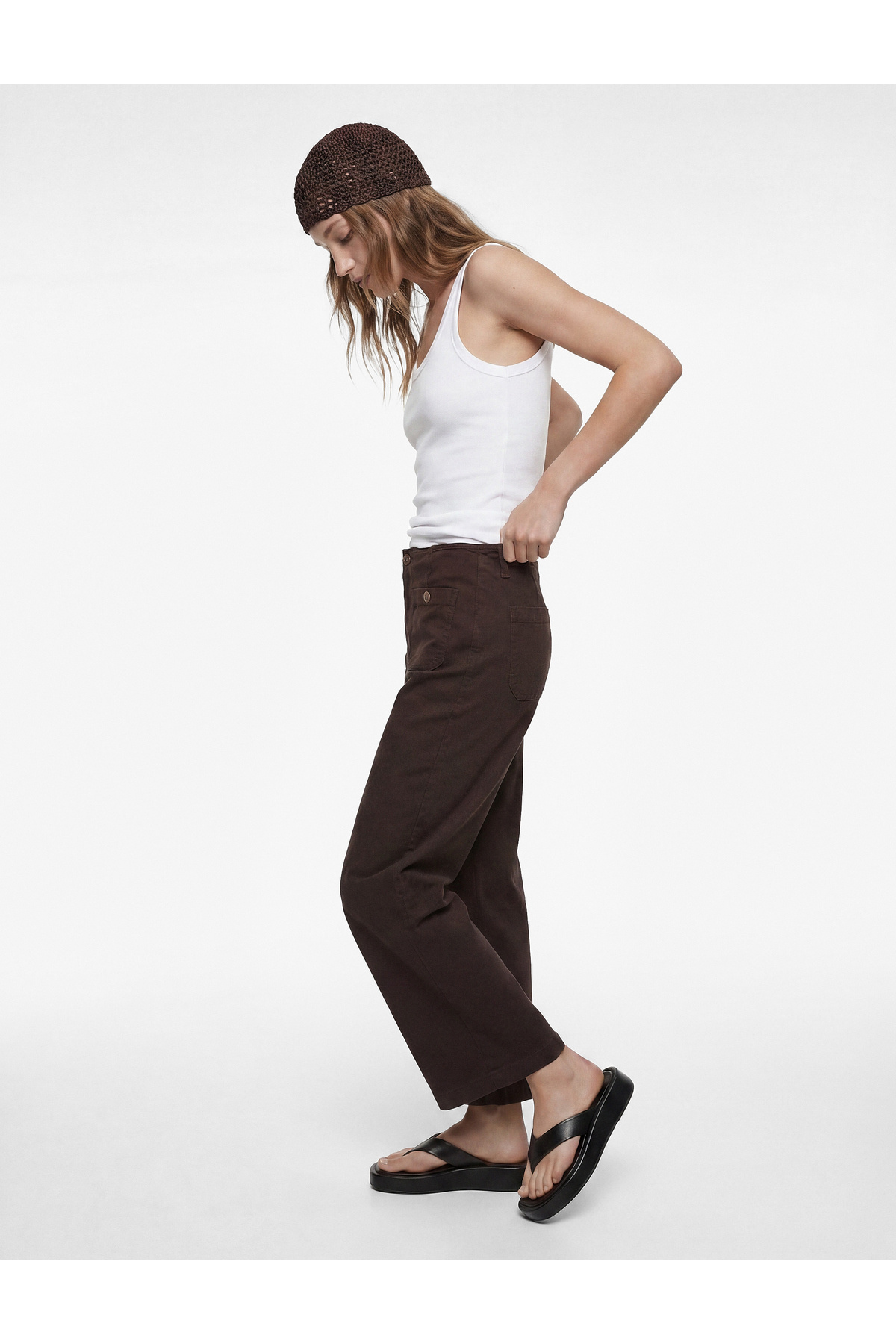 Koton  Yüksek Bel Pamuklu Cep Detaylı Geniş Kısa Paça Pantolon - Culotte Jeans - Görsel 2