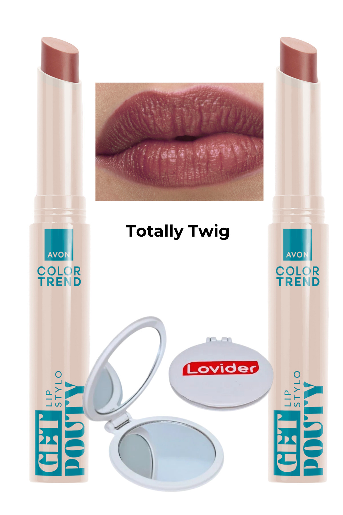 Avon Color Trend Beauty Lipstick - Totally Twig 2-Pack + Lovider Pocket Mirror Gift
