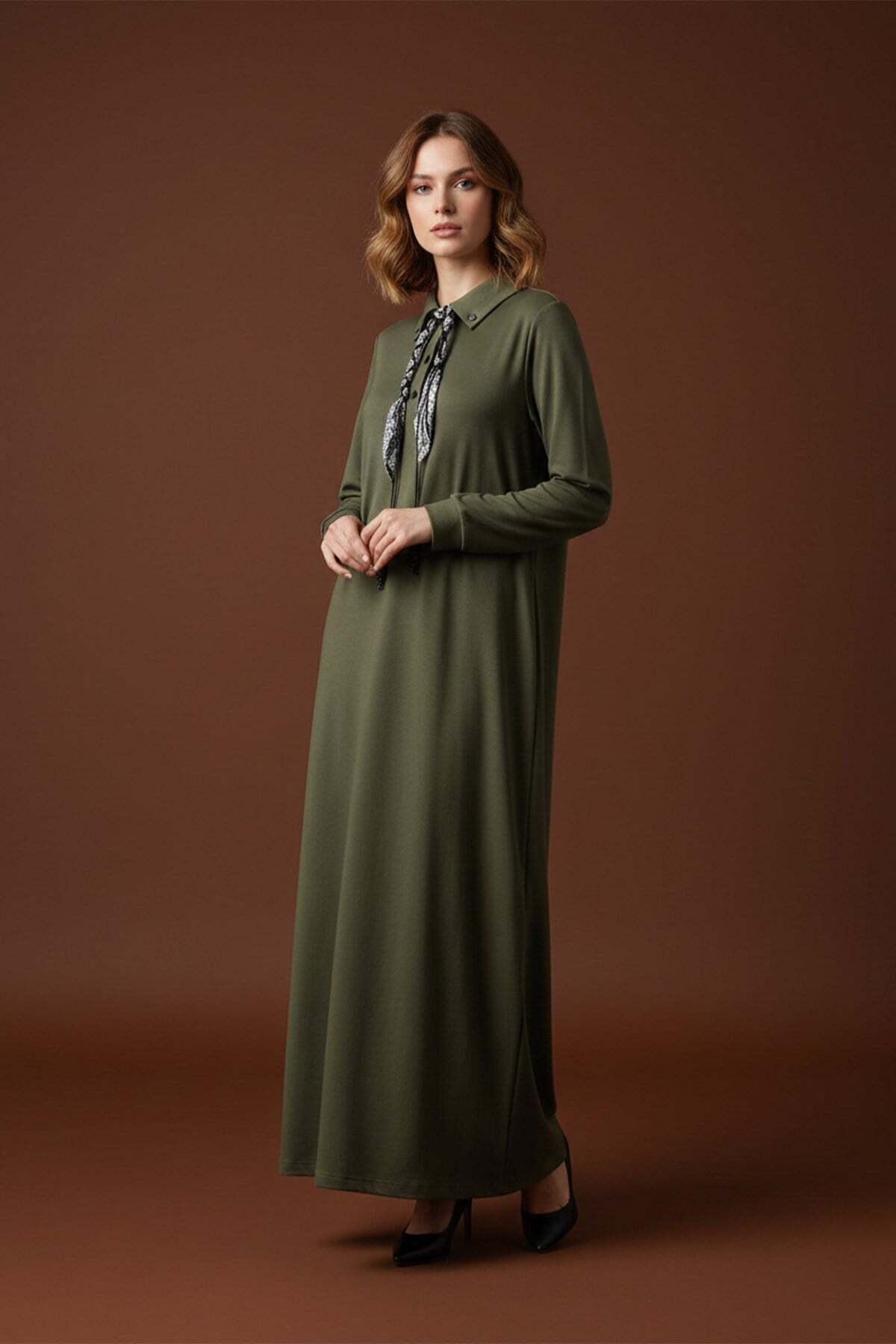 Women's Scarf Detailed Polo Neck Casual Cut Long Dress – 12666ELB-KHAKI