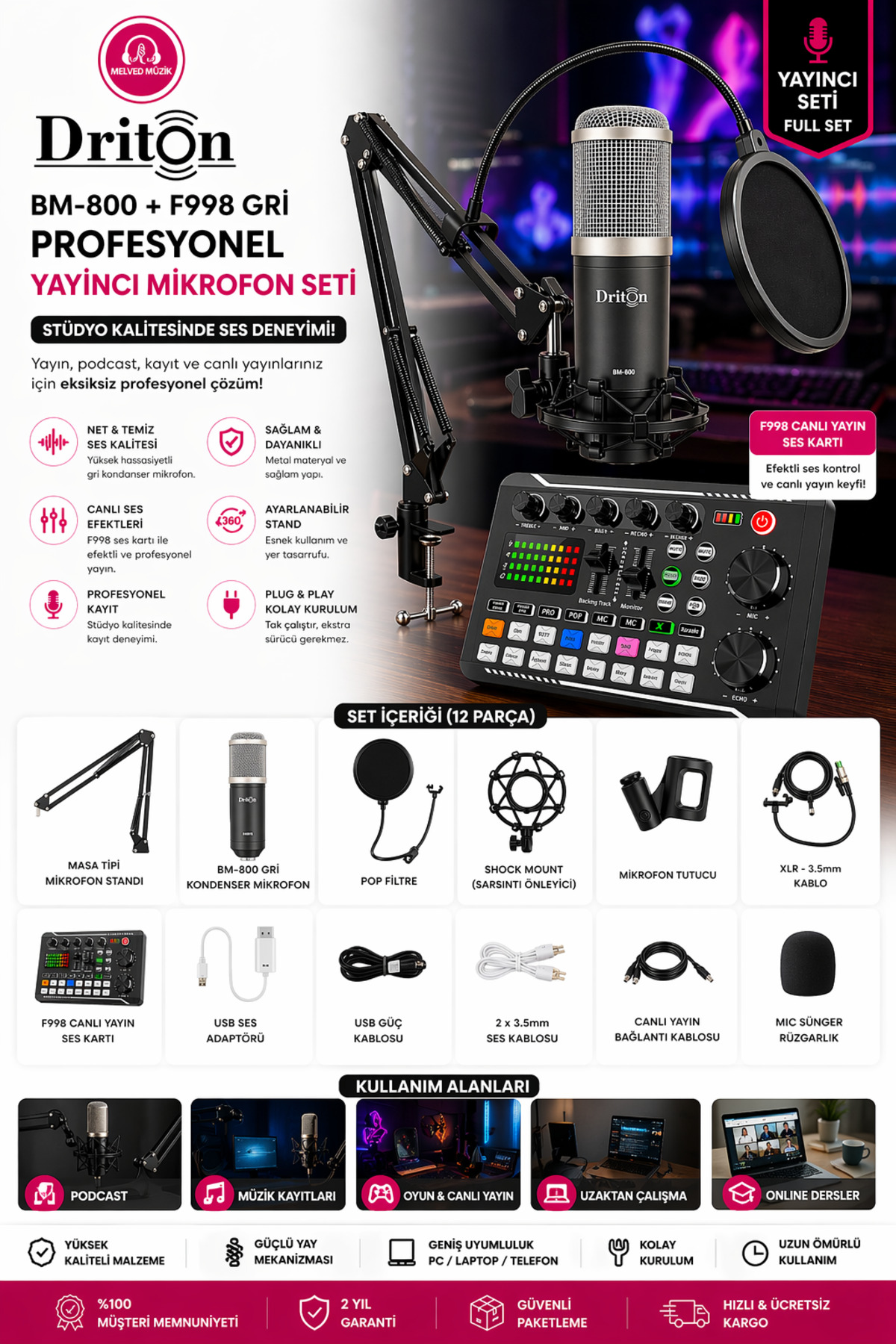 DRİTON BM-800 + F998 GRİ PODCAST TİKTOK YOUTUBE YAYINCI CONDENSER