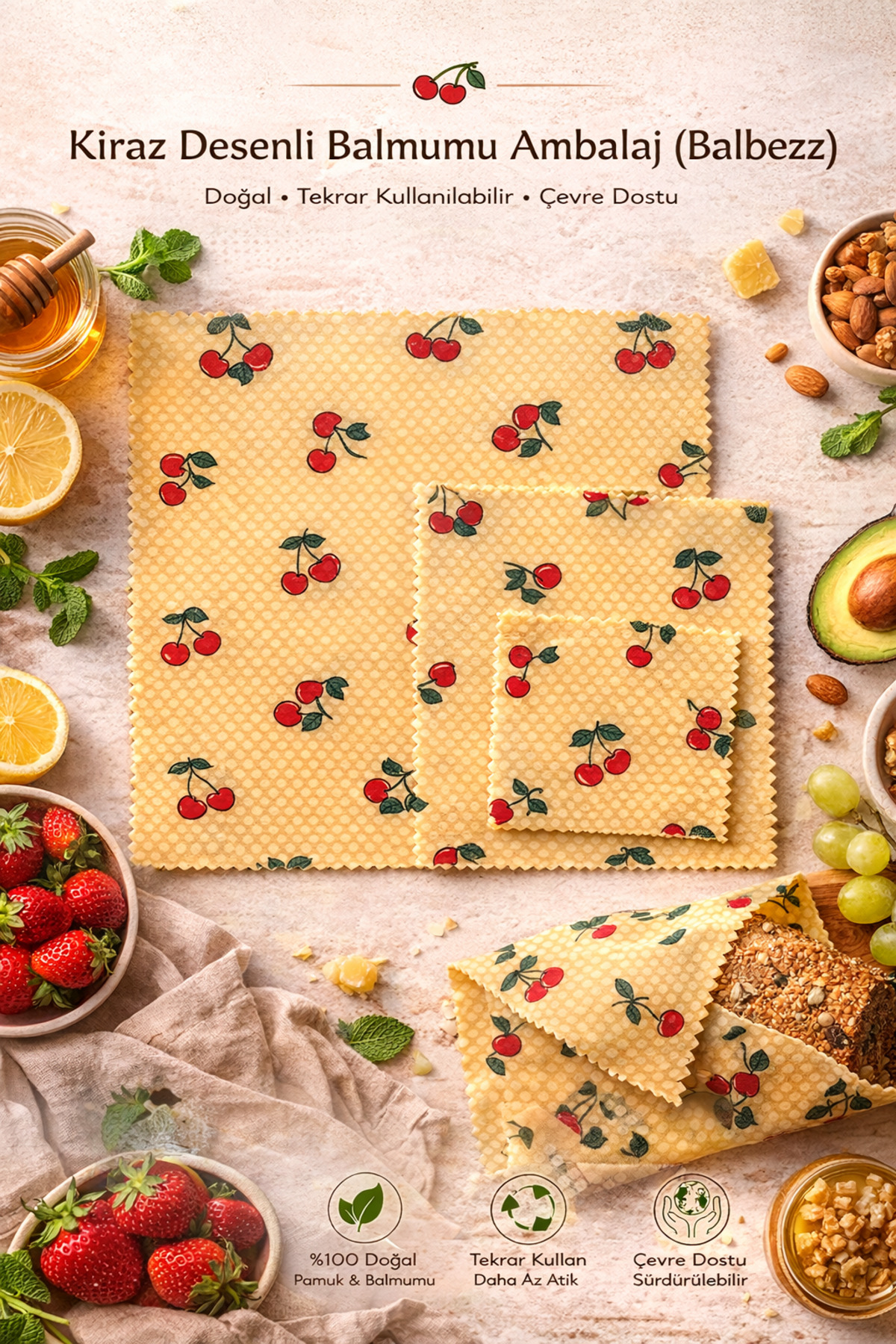 Cherry Patterned Wax Food Storage Cloth Set of 3 (38x38 / 28x28 / 18x18)