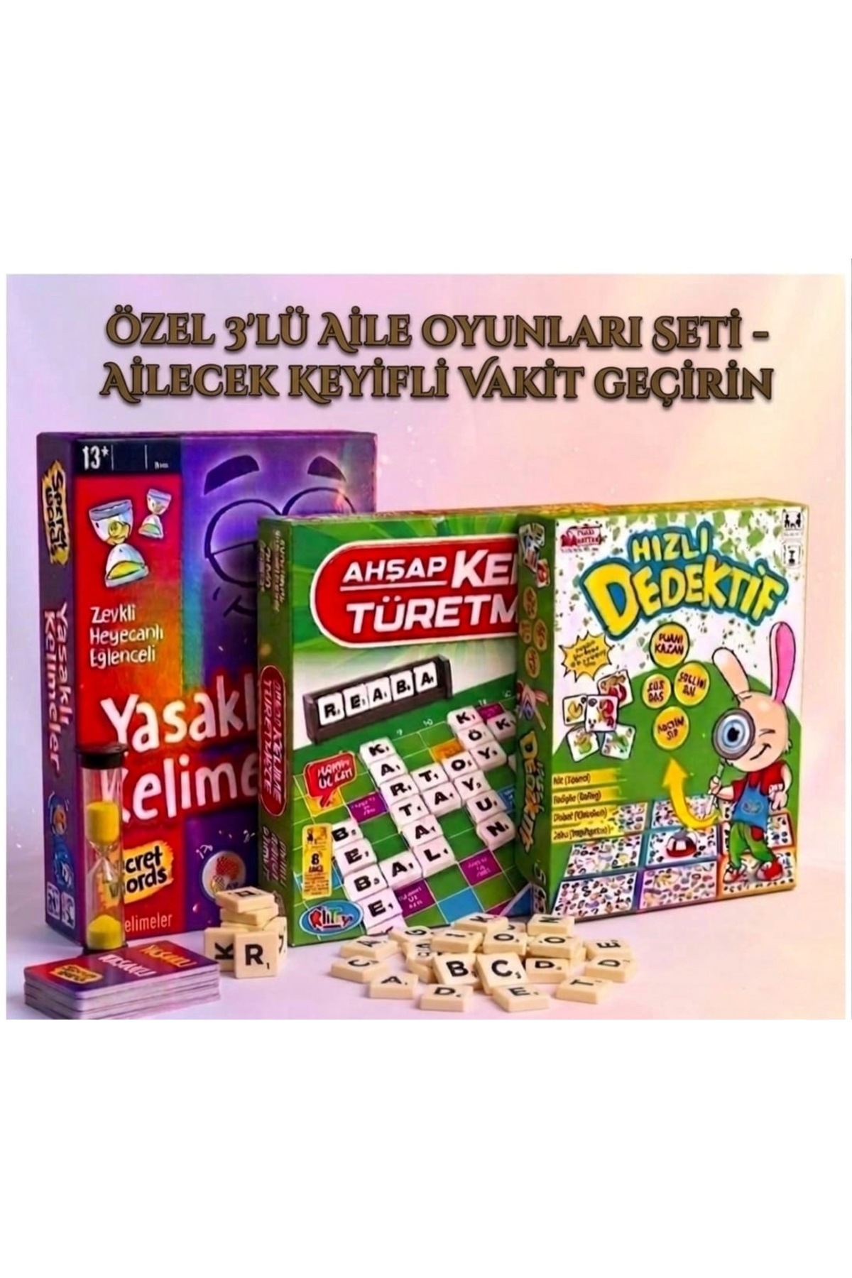 DCA SUPPLY STORE Ahşap Kelime Türetme + Yasaklı Kelimeler + Hızlı Dedektif 3'lü Oyun Seti