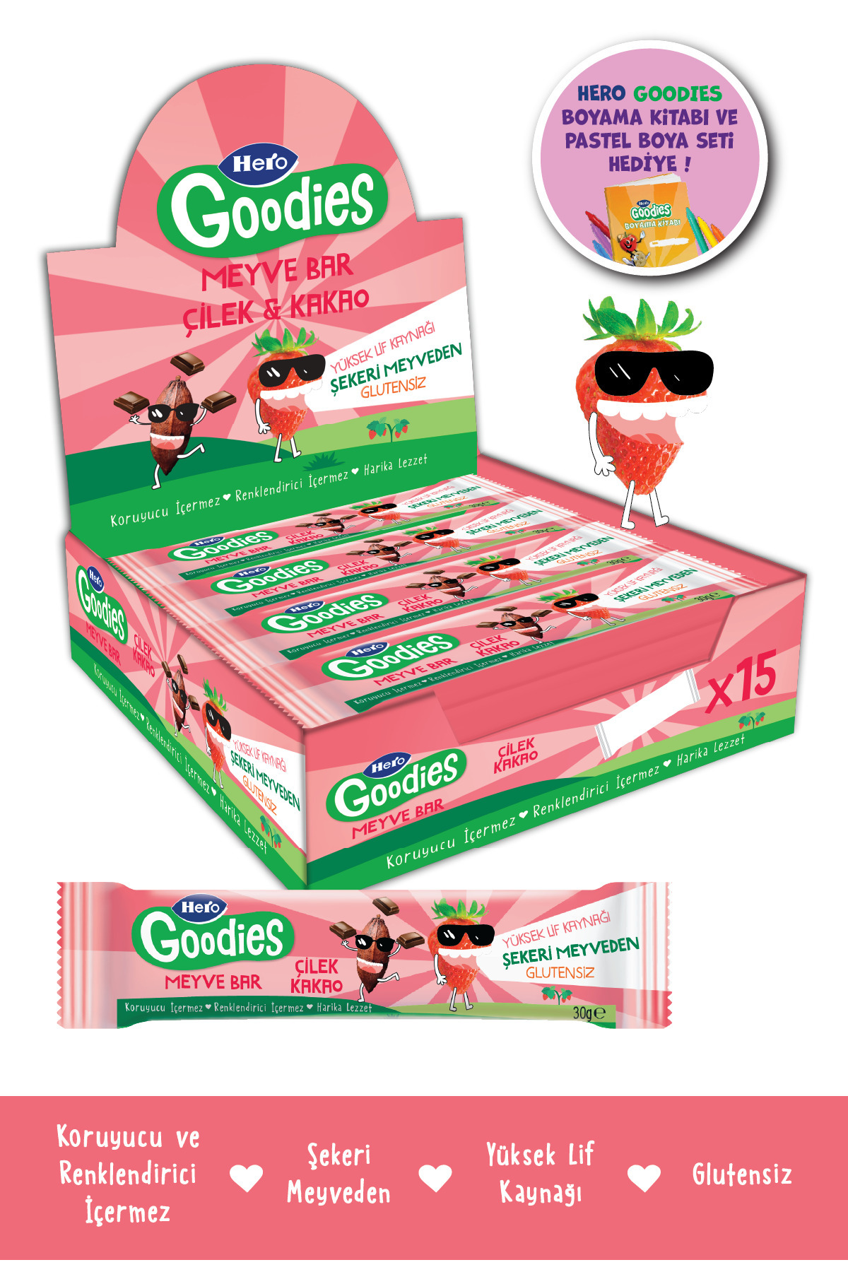 Hero Goodies Çilek Kakao Meyve Bar 30g X15 - Fiyatı, Yorumları