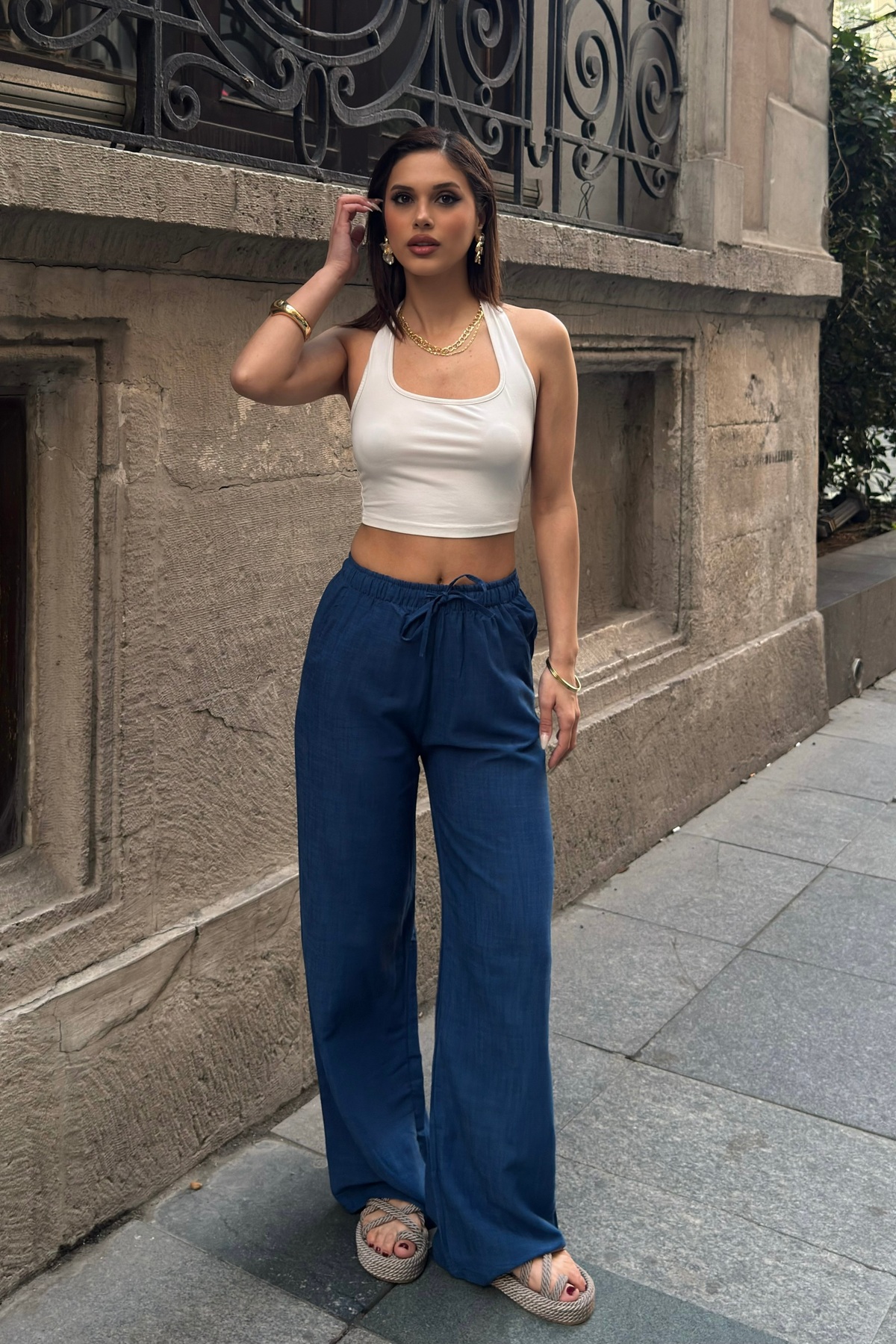 Women's Navy Blue Linen Textured Wide Cut Palazzo Pants