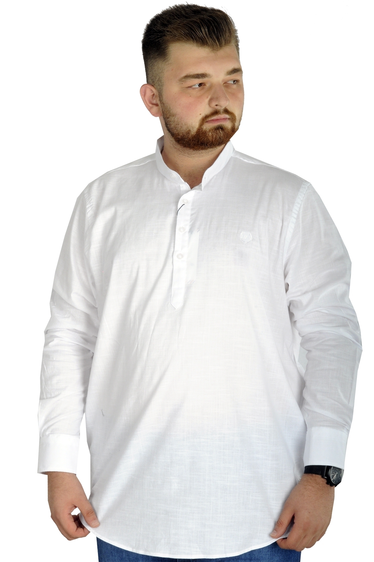 ModeXL Mode Xl Büyük Beden Erkek Keten Likralı Ukol Hakim Yaka Gömlek 20388 Beyaz